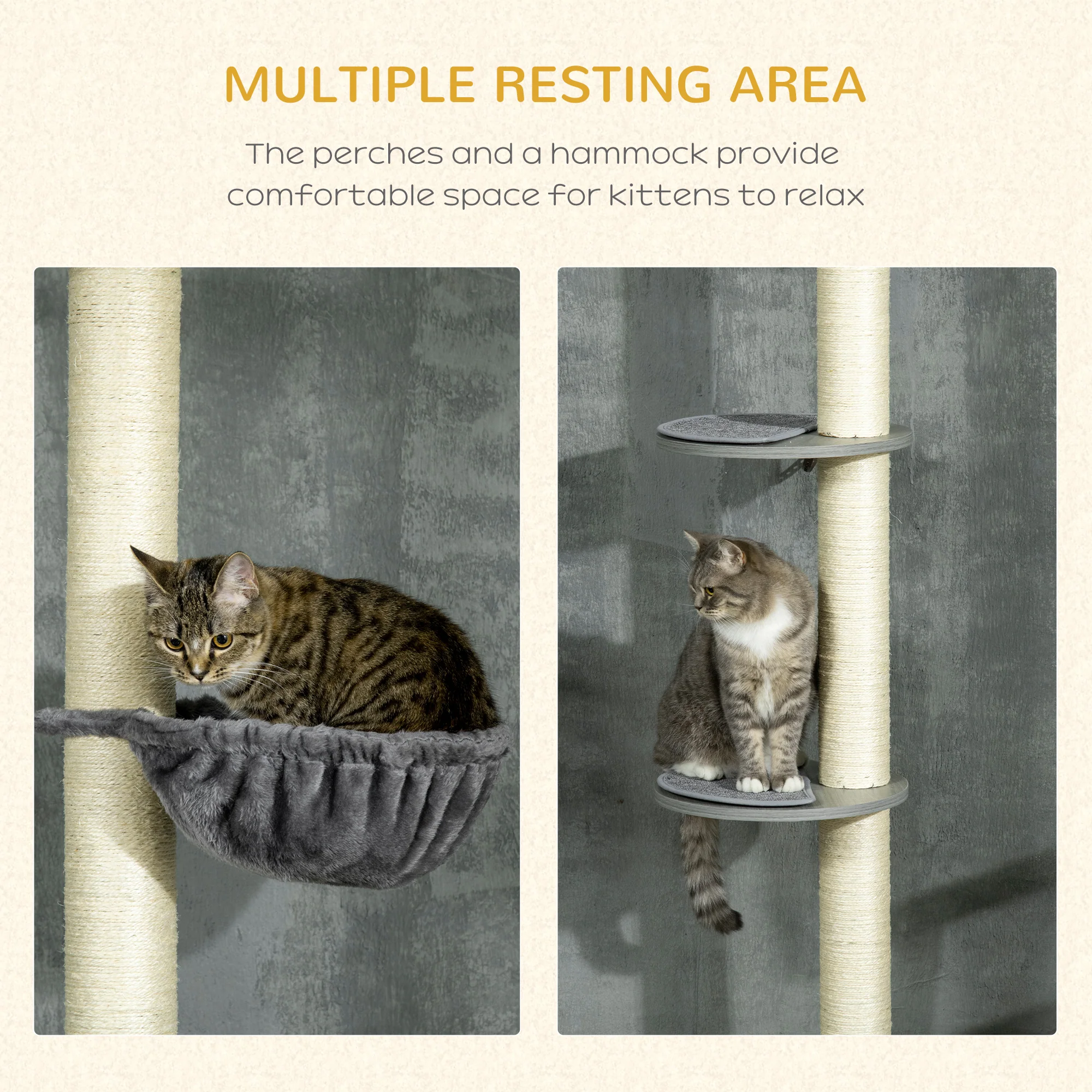 PawHut 250cm Floor To Ceiling Cat Tree With Hammock, Scratching Post - Image 4