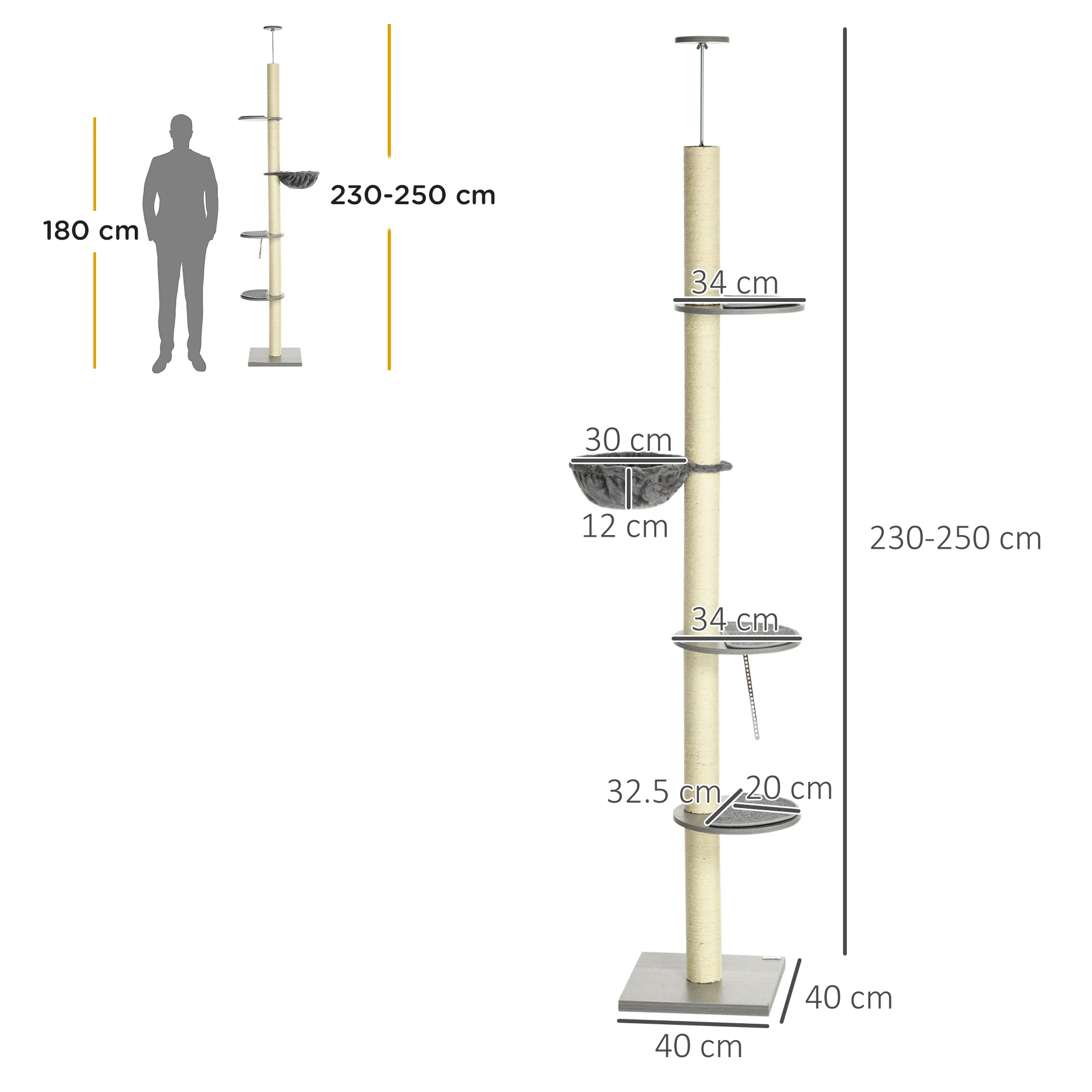 PawHut 250cm Floor To Ceiling Cat Tree With Hammock, Scratching Post - Image 5