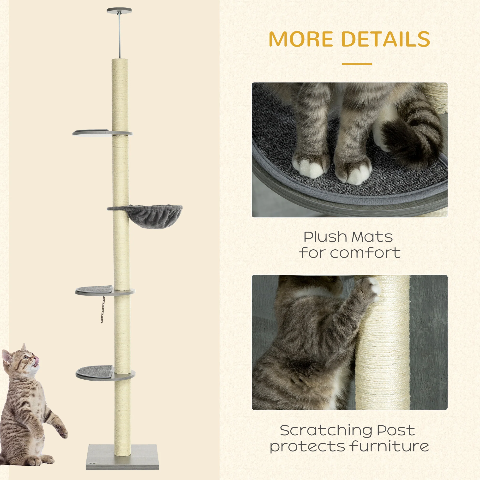 PawHut 250cm Floor To Ceiling Cat Tree With Hammock, Scratching Post - Image 6