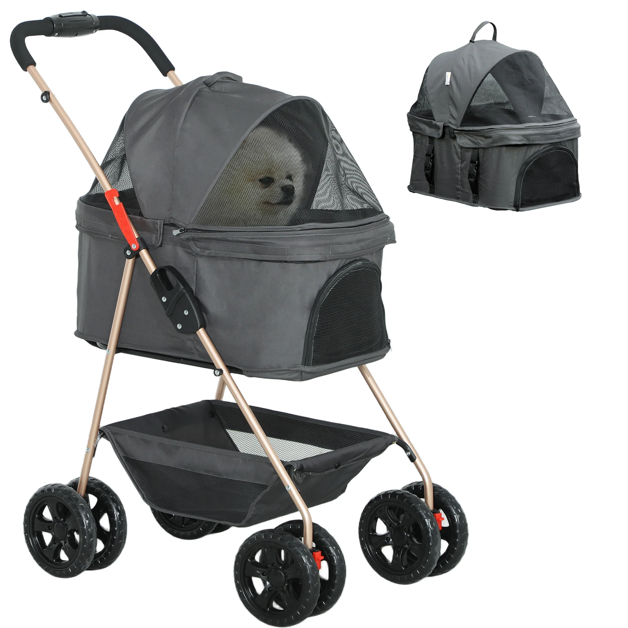 PawHut 3 in 1 Pet Stroller with Detachable Carrier for Mini Dogs - Image 10