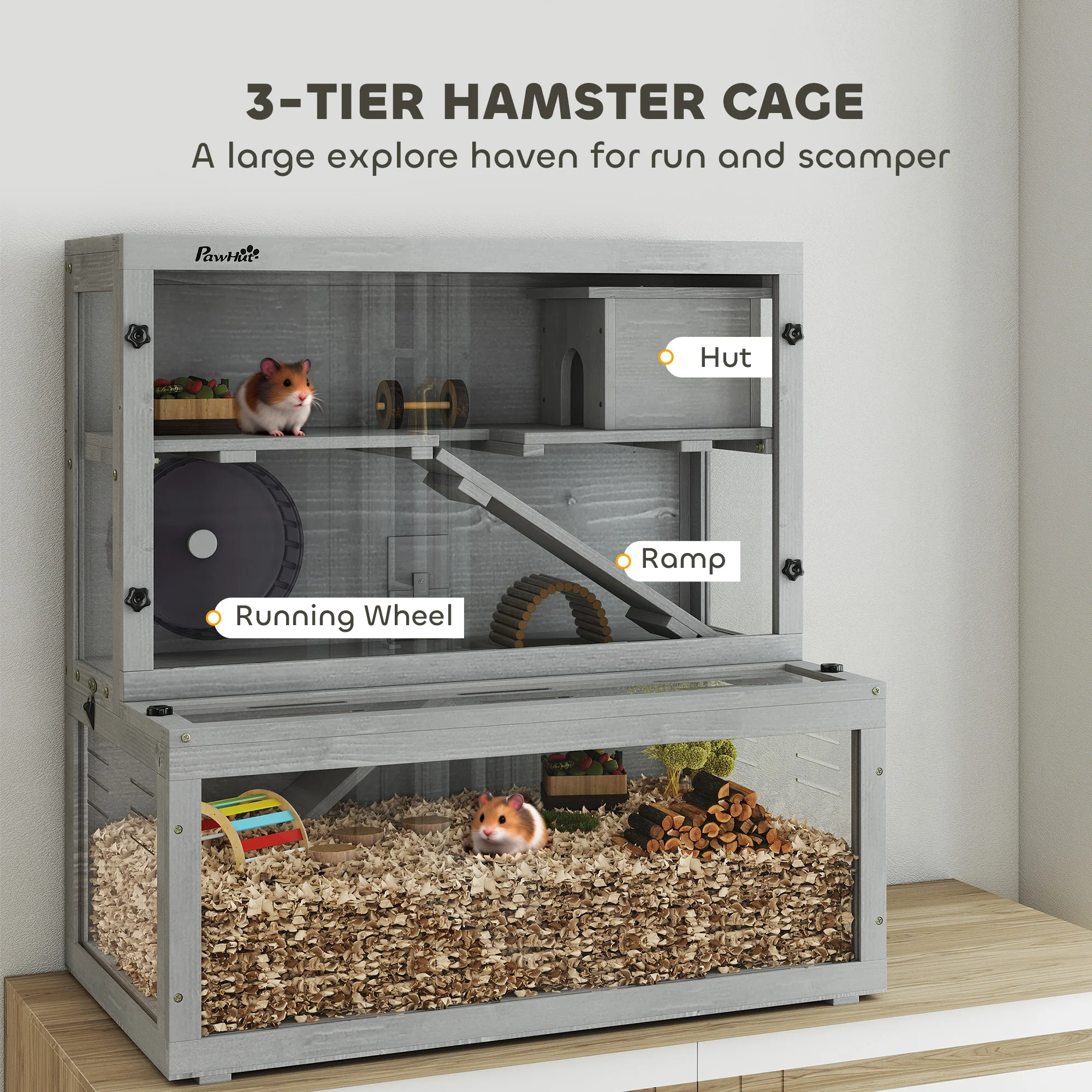 PawHut 3 Tier Wooden Hamster Cage With Hut, Wheel, Ramps, 80 X 50 X 84 Cm - Image 3
