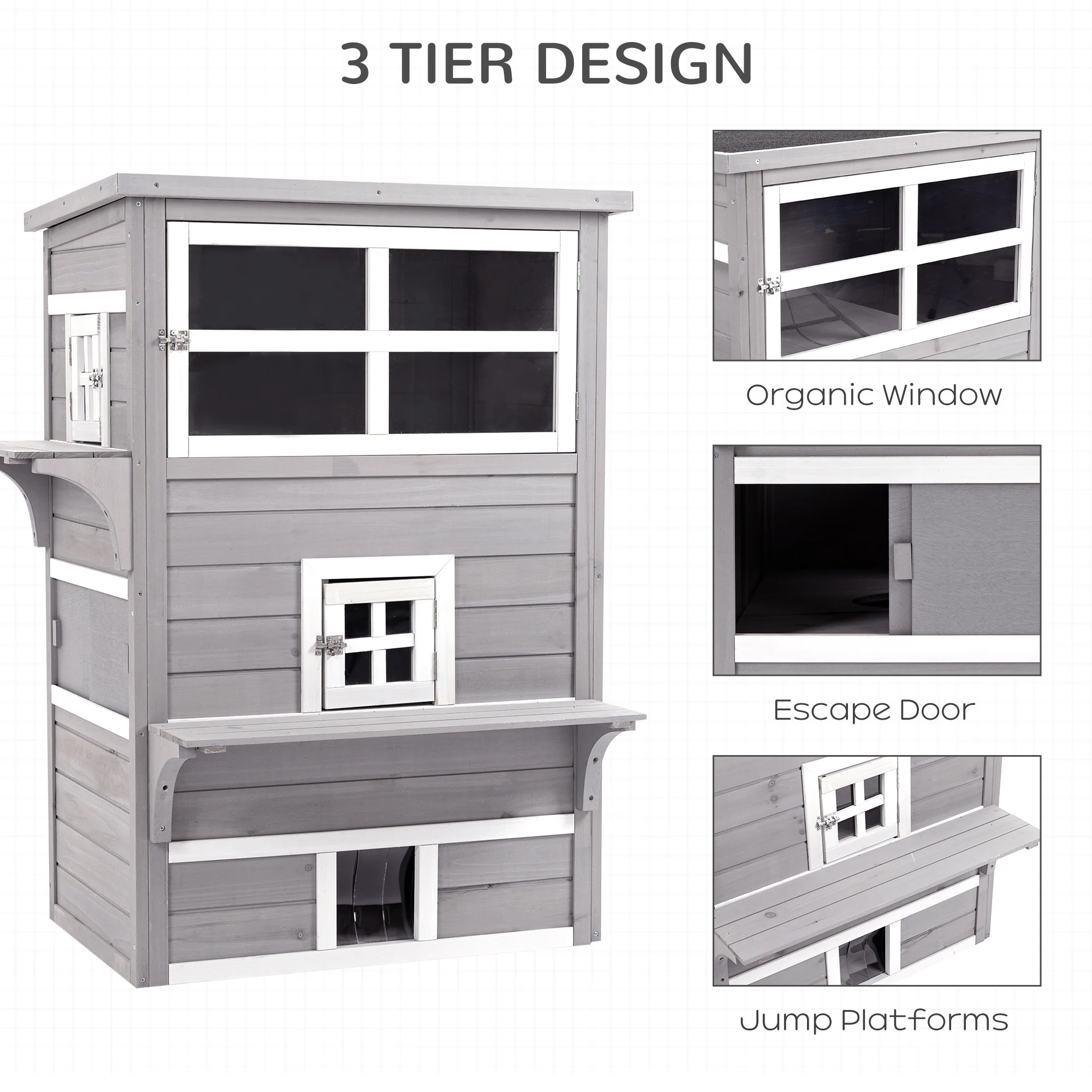 PawHut 3-Tier Wooden Kitten Shelter for Indoor, Outdoor - Grey - Image 3