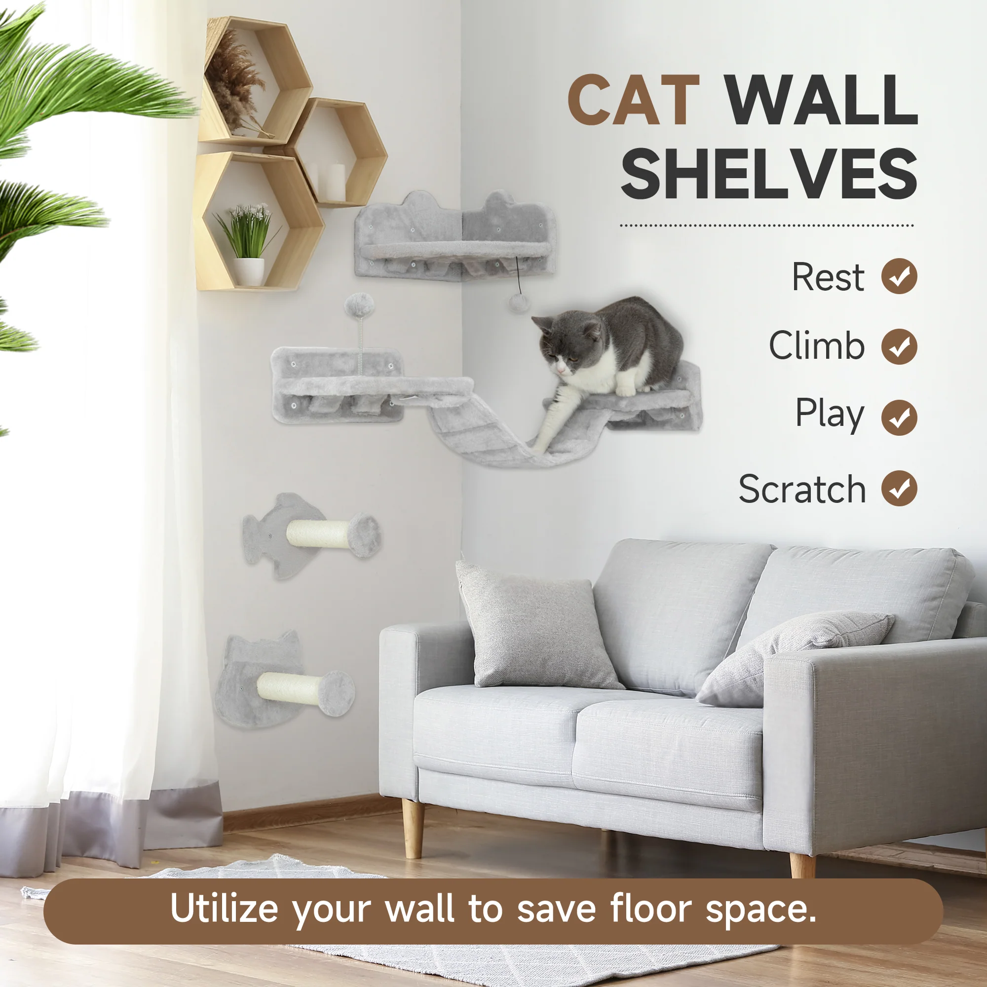 PawHut 4PCs Cat Wall Shelves With Steps, Ladder, Jumping Platforms - Image 3