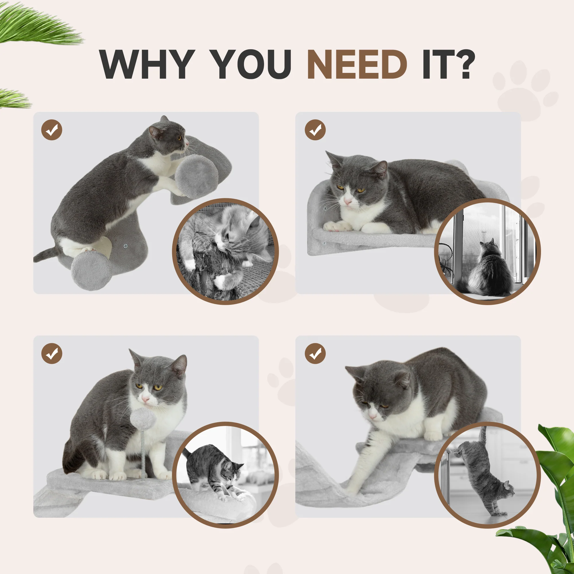 PawHut 4PCs Cat Wall Shelves With Steps, Ladder, Jumping Platforms - Image 6