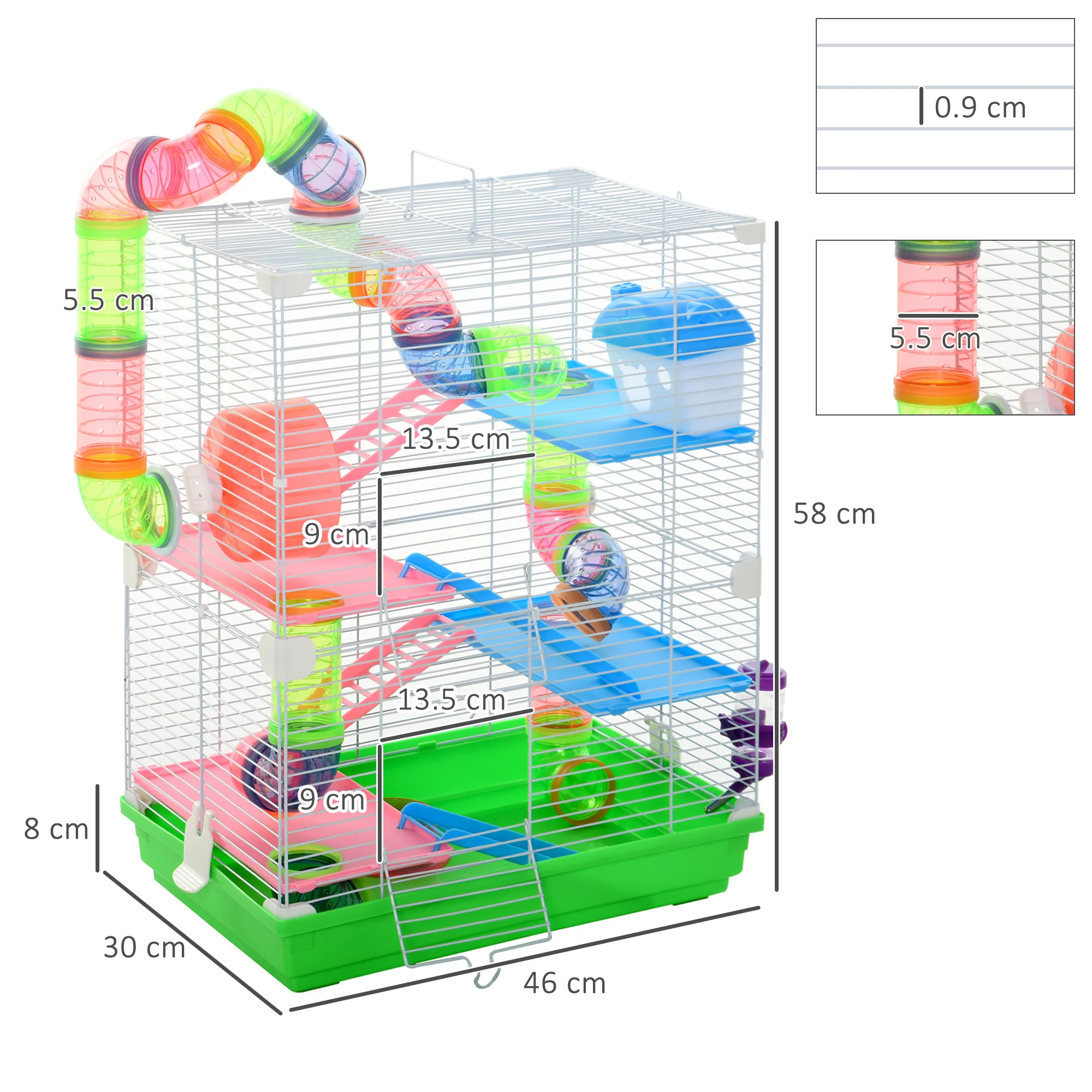 Pawhut 5 Tier Hamster Cage Carrier Habitat Small Animal House With Exercise Wheels Tunnel Tube Water Bottle Dishes House Ladder For Dwarf Mice, Green - Image 5
