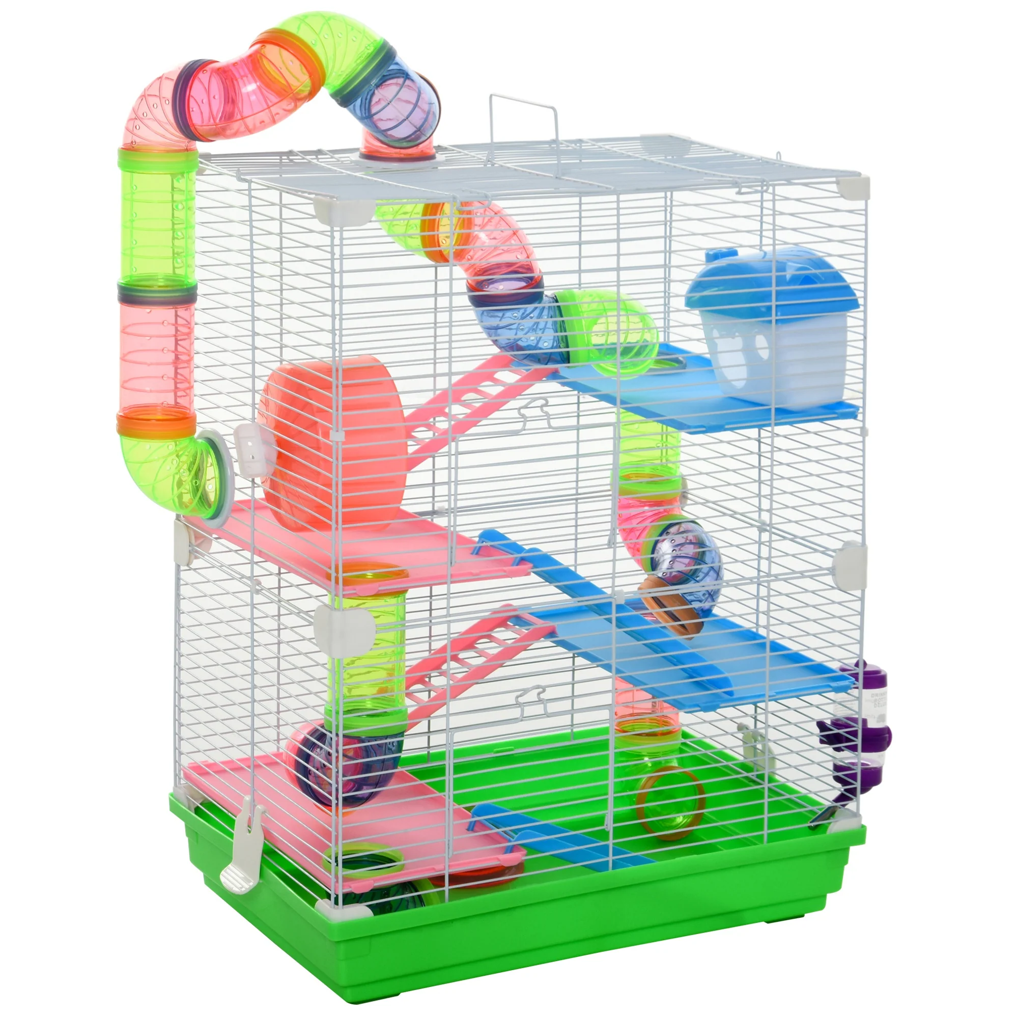 Pawhut 5 Tier Hamster Cage Carrier Habitat Small Animal House With Exercise Wheels Tunnel Tube Water Bottle Dishes House Ladder For Dwarf Mice, Green - Image 8