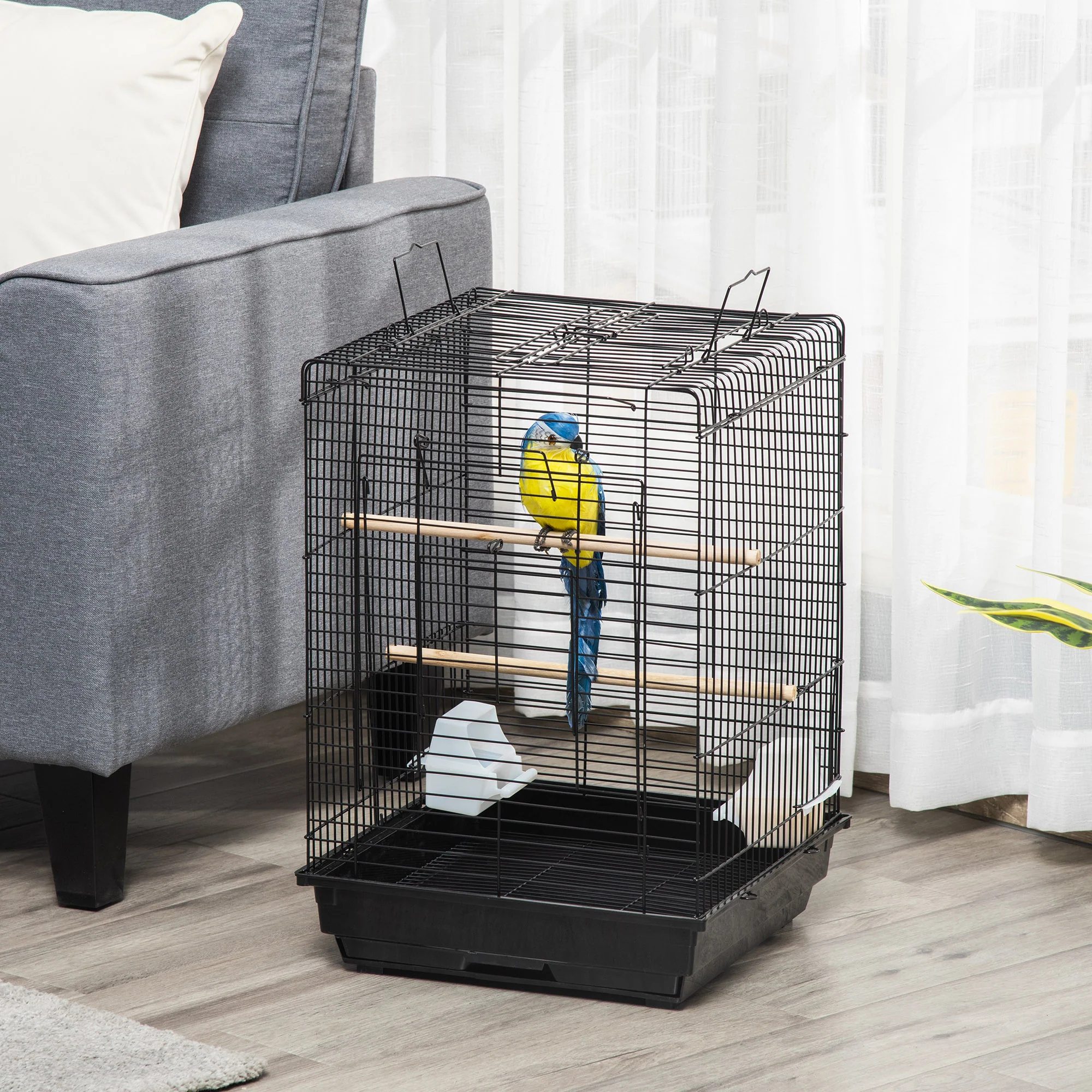 PawHut 59cm Bird Cage With Openable Top, Stand, Tray, Handles, Feeding Bowls - Image 2