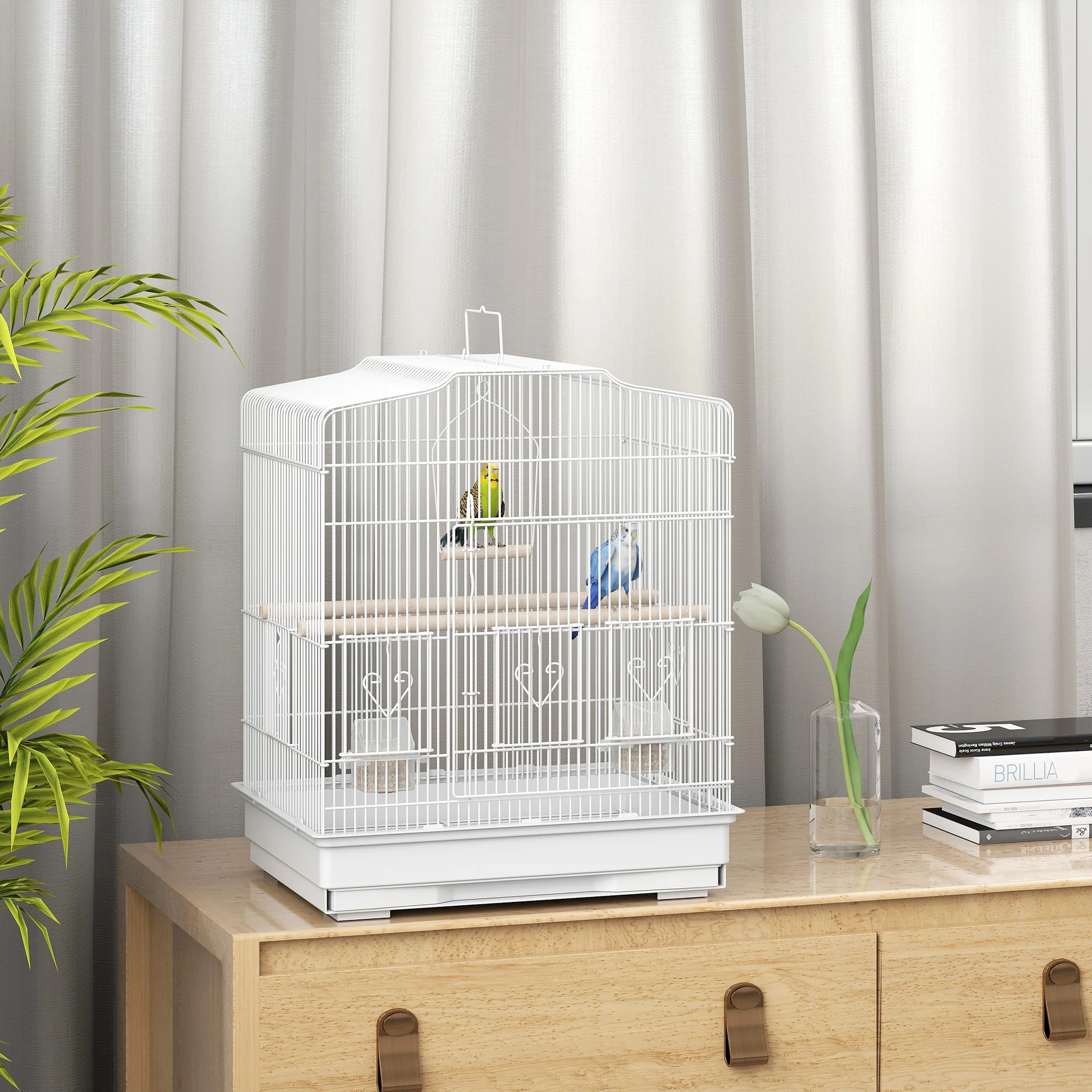 PawHut 59cm Large Bird Cage With Perches, Food Bowls, Swing, White - Image 2