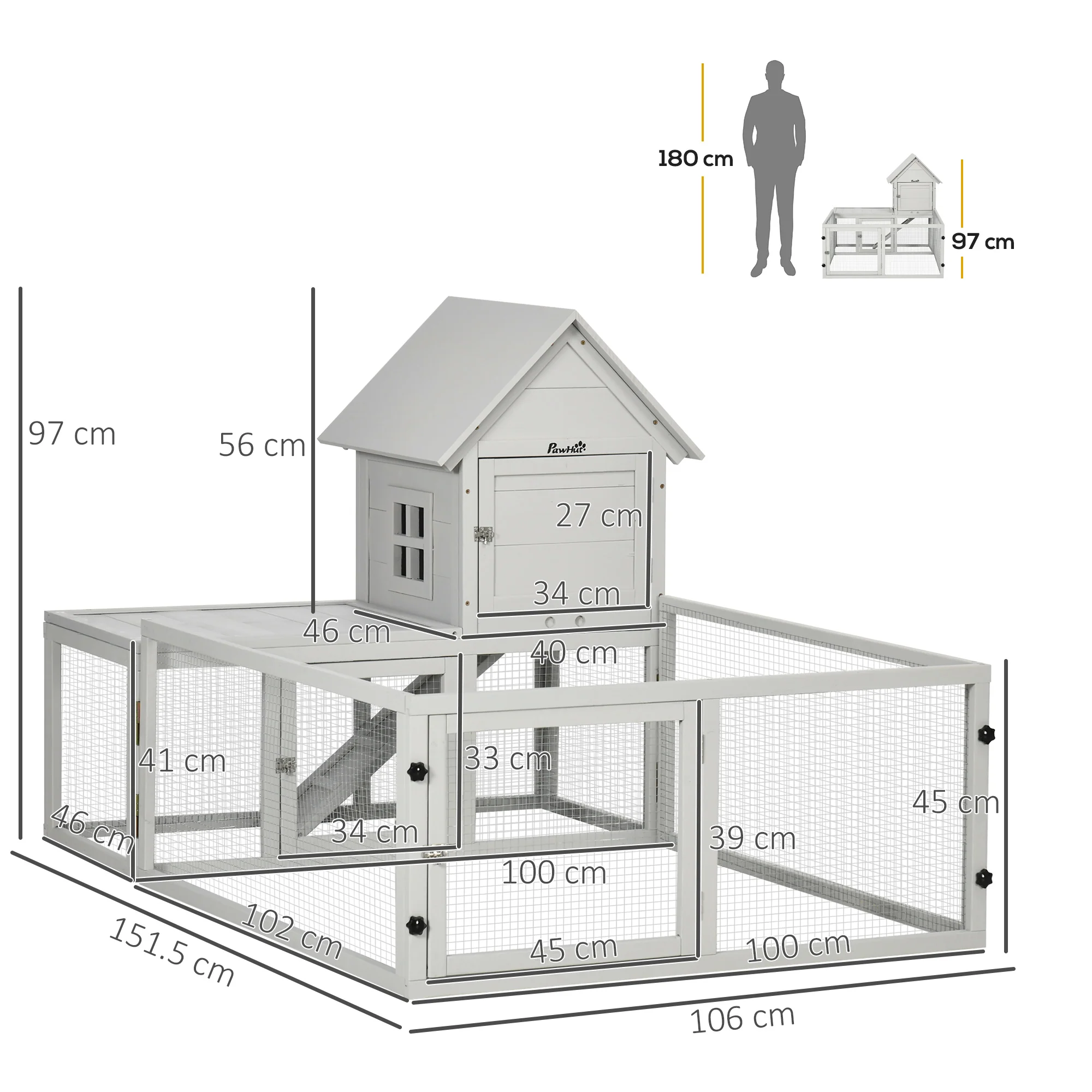 PawHut 5FT Rabbit Hutch with Run Wooden Large Guinea Pig Cage for Indoor, Grey - Image 10