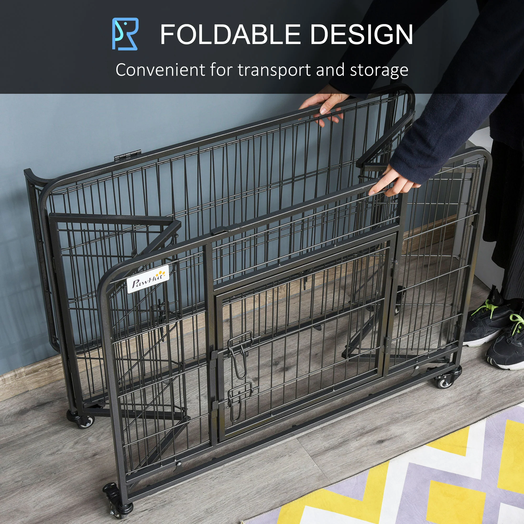 PawHut 69.5x94cm Metal Dog Cage Kennel w/ Locking Door & Wheels Medium Pets - Image 7