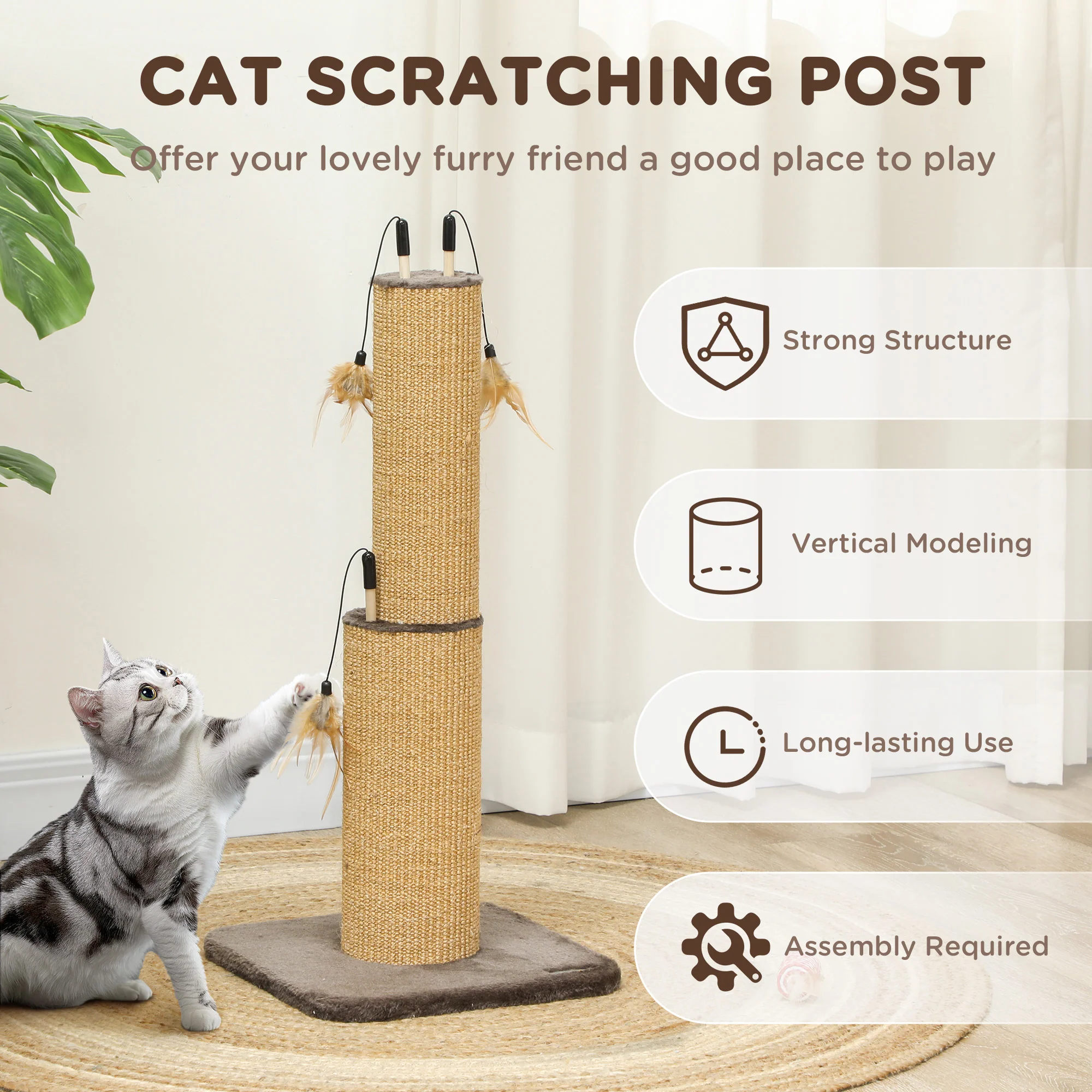 PawHut 78cm Tall Cat Scratching Post With 3 Toy Feathers - Image 13