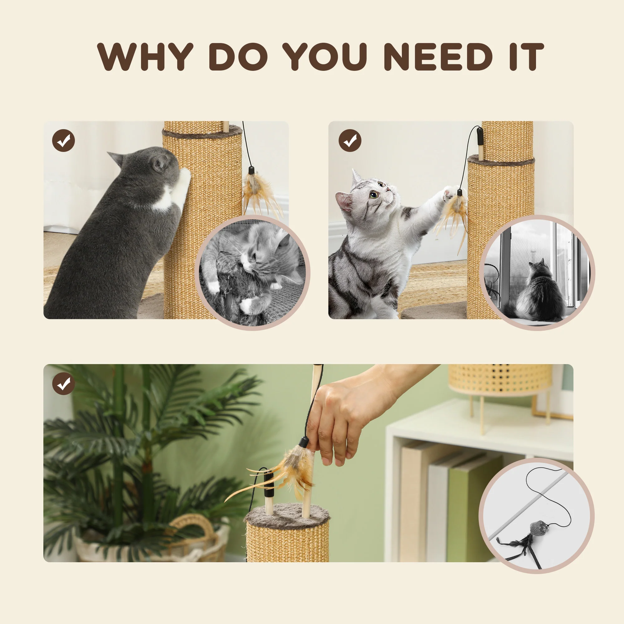 PawHut 78cm Tall Cat Scratching Post With 3 Toy Feathers - Image 15