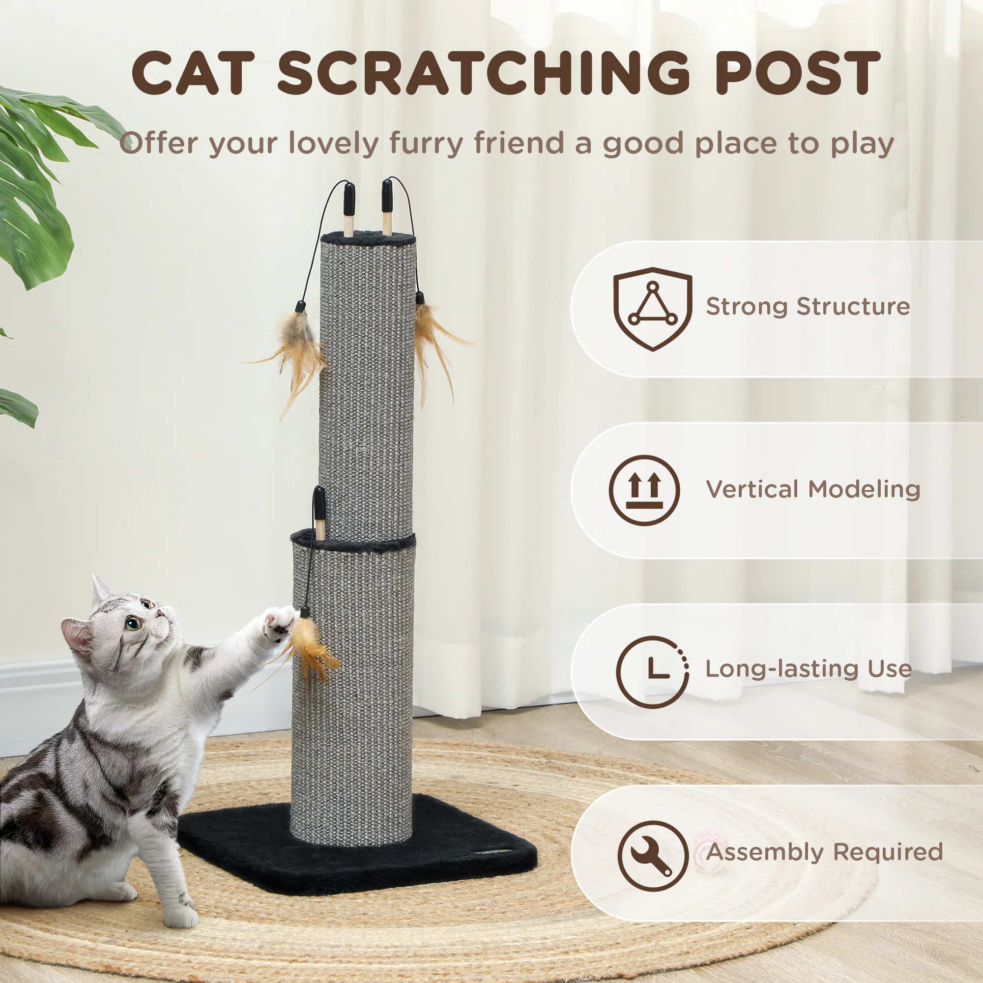 PawHut 78cm Tall Cat Scratching Post With 3 Toy Feathers - Image 4