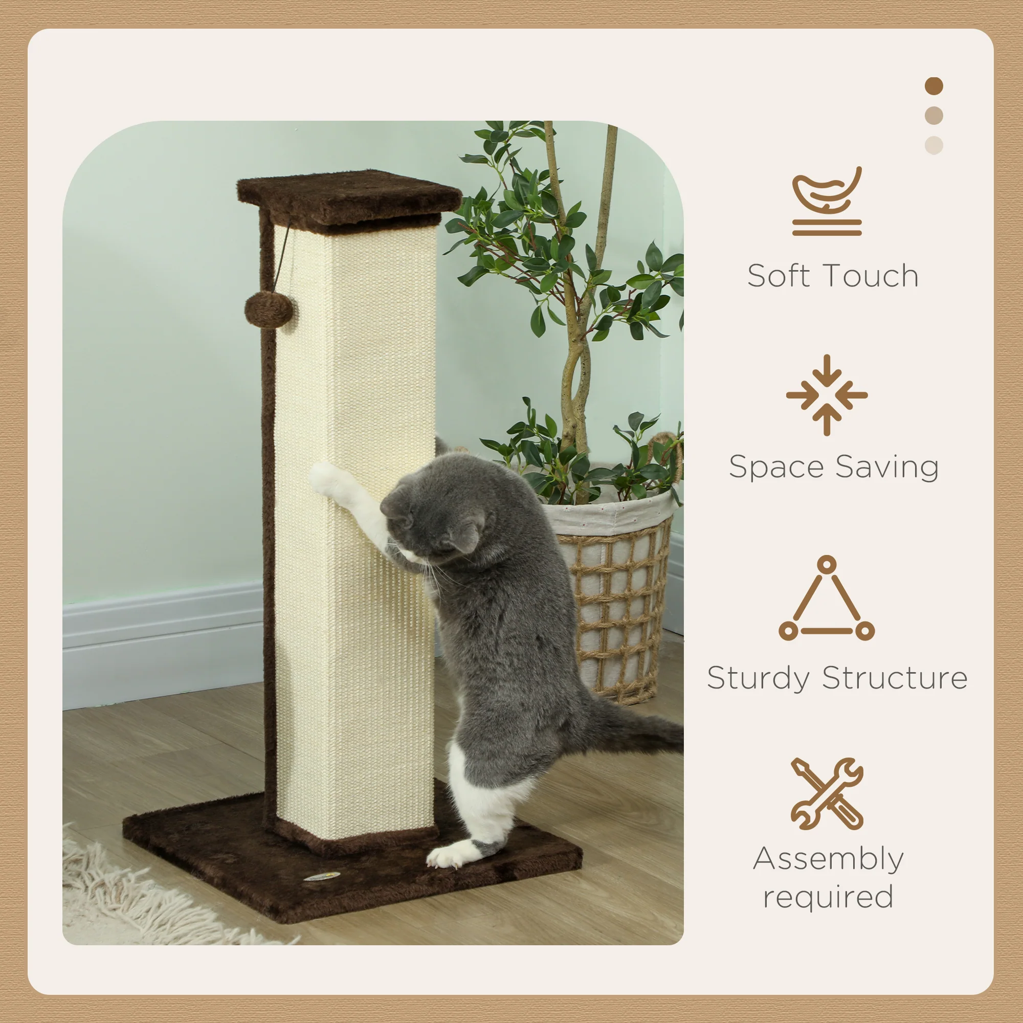 PawHut 81cm Cat Scratching Post w/ Sisal Rope, Hanging Ball Soft Plush - Image 3