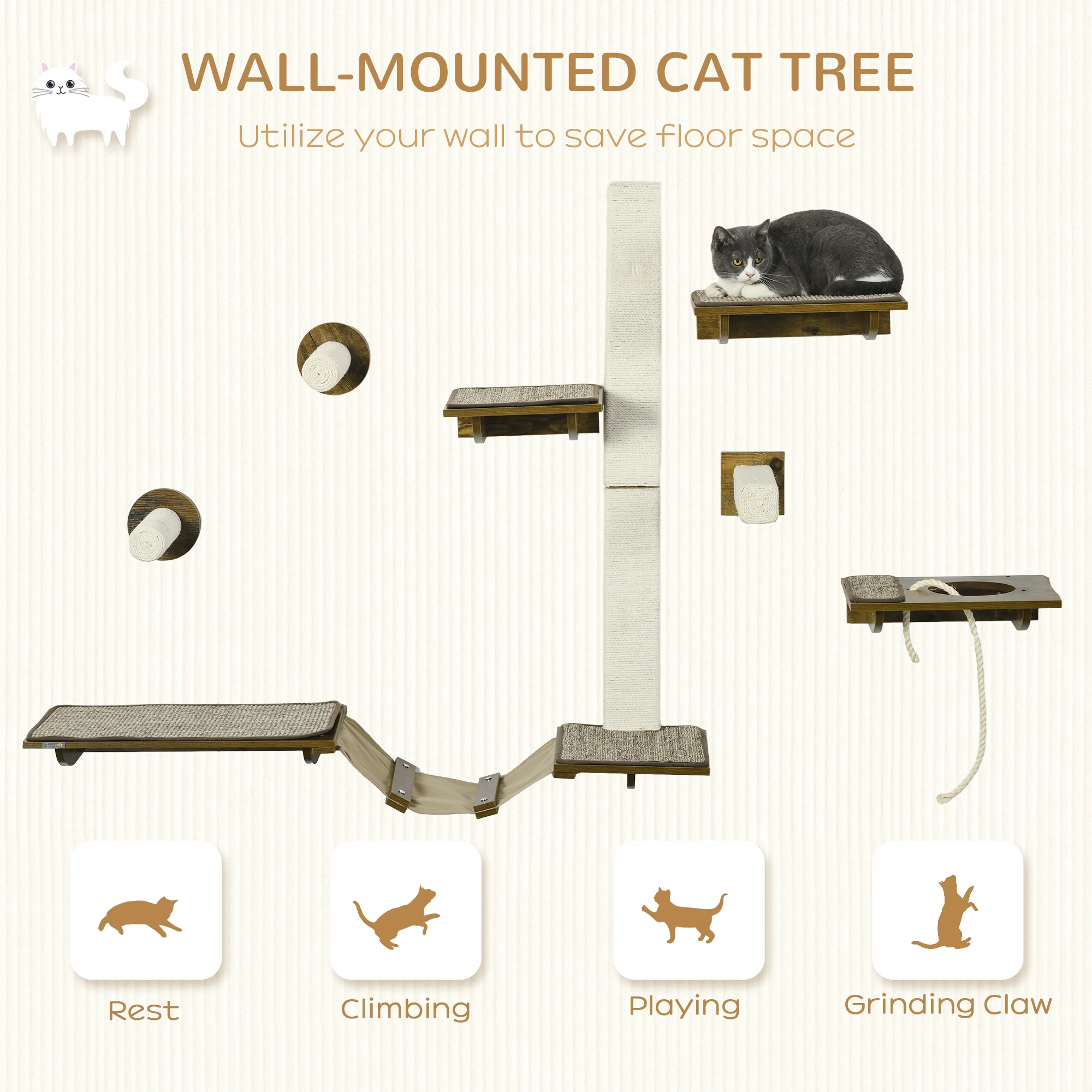 PawHut 8Pcs Wall Mounted Cat Shelves w/ Posts, Perches, Ladder - Brown - Image 3