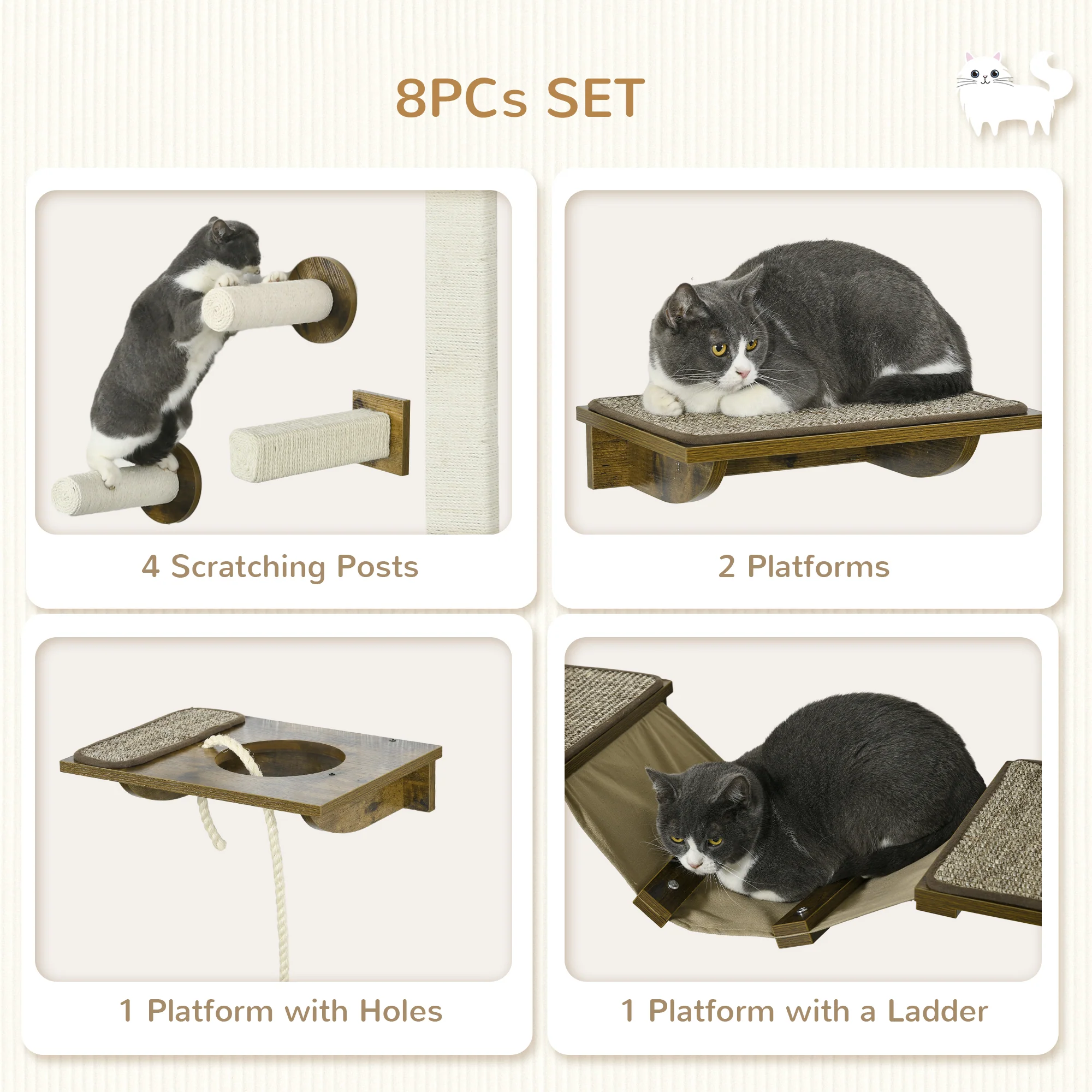 PawHut 8Pcs Wall Mounted Cat Shelves w/ Posts, Perches, Ladder - Brown - Image 4