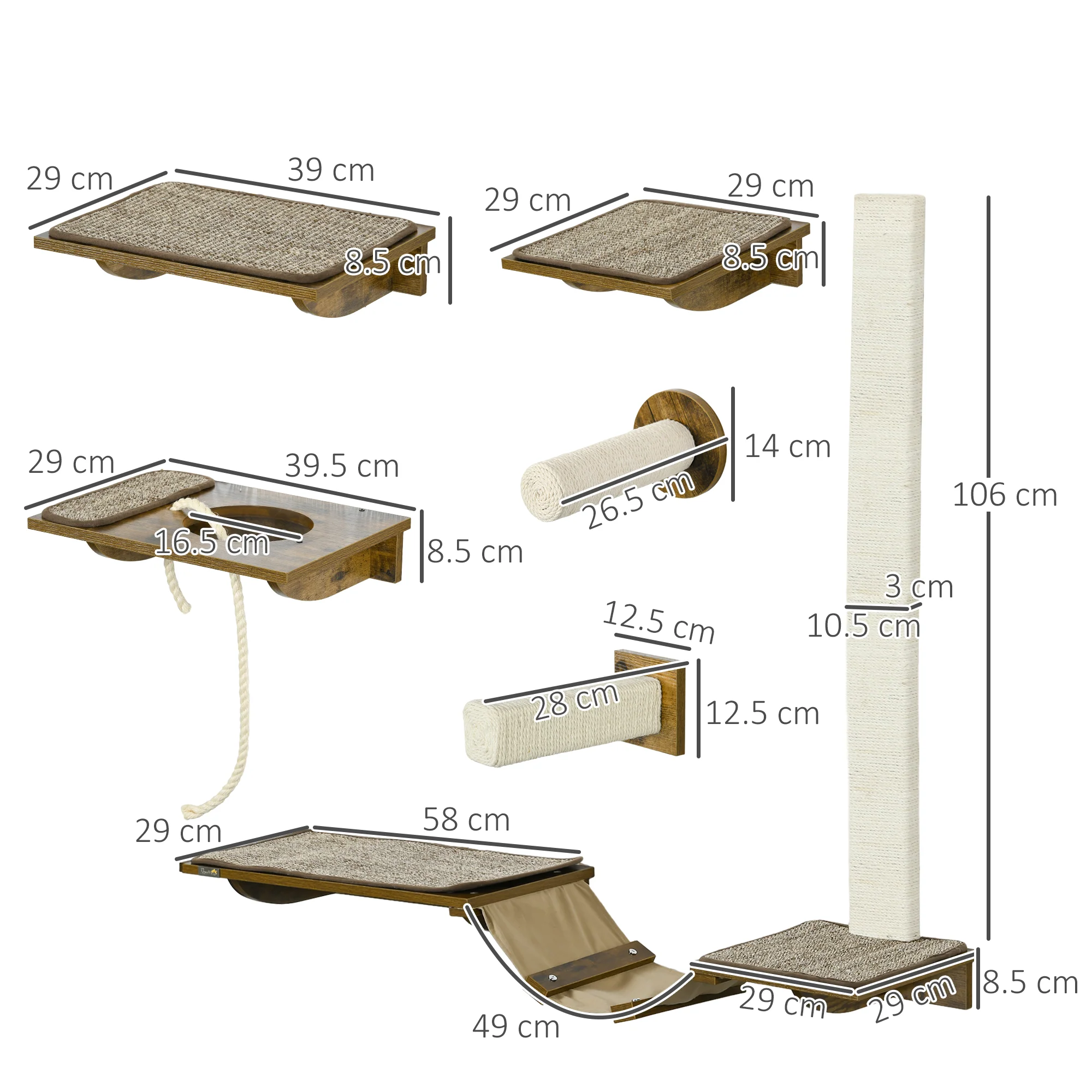 PawHut 8Pcs Wall Mounted Cat Shelves w/ Posts, Perches, Ladder - Brown - Image 5