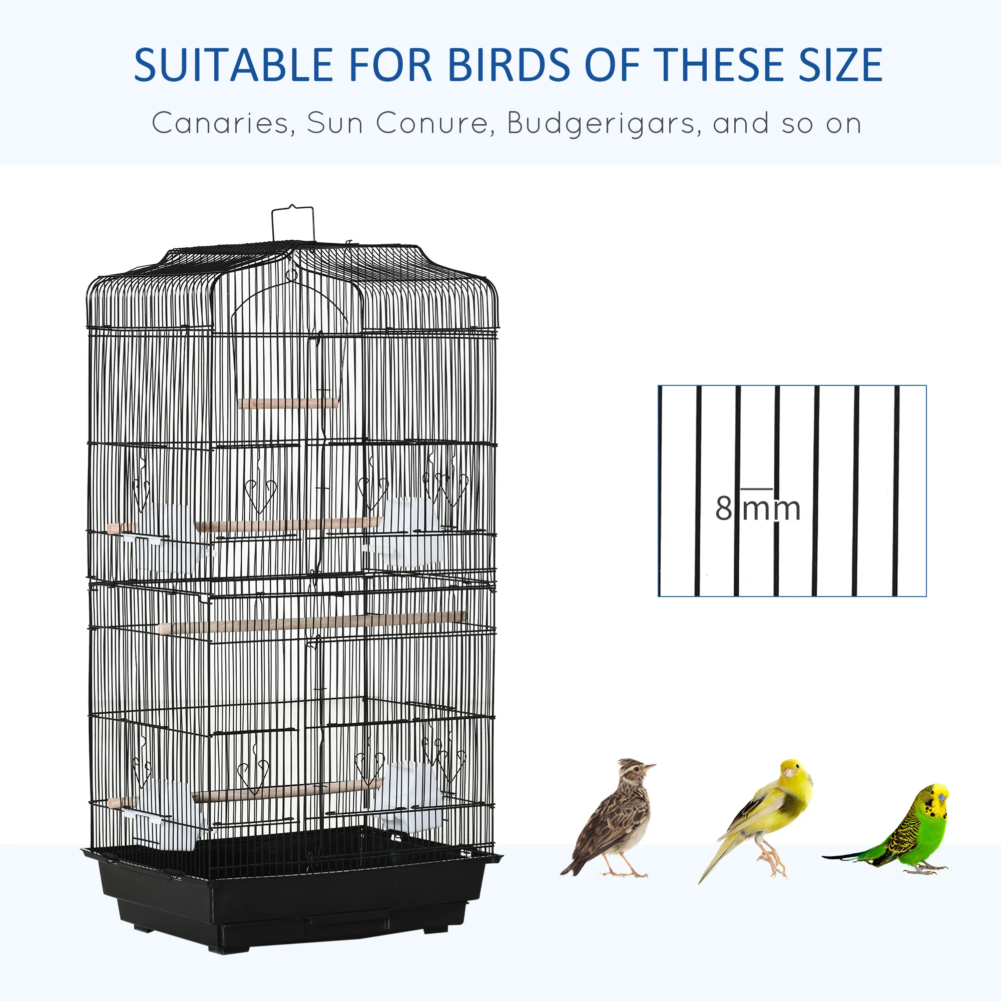 PawHut 92cm Large Bird Cage With Stand, Perches, Food Bowls, Swing, Black - Image 7