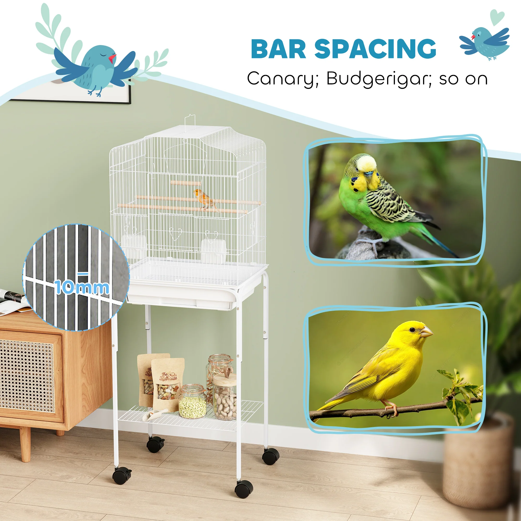 PawHut Bird Cage For Budgie Finch Canary Parakeet W/ Stand Tray White - Image 6