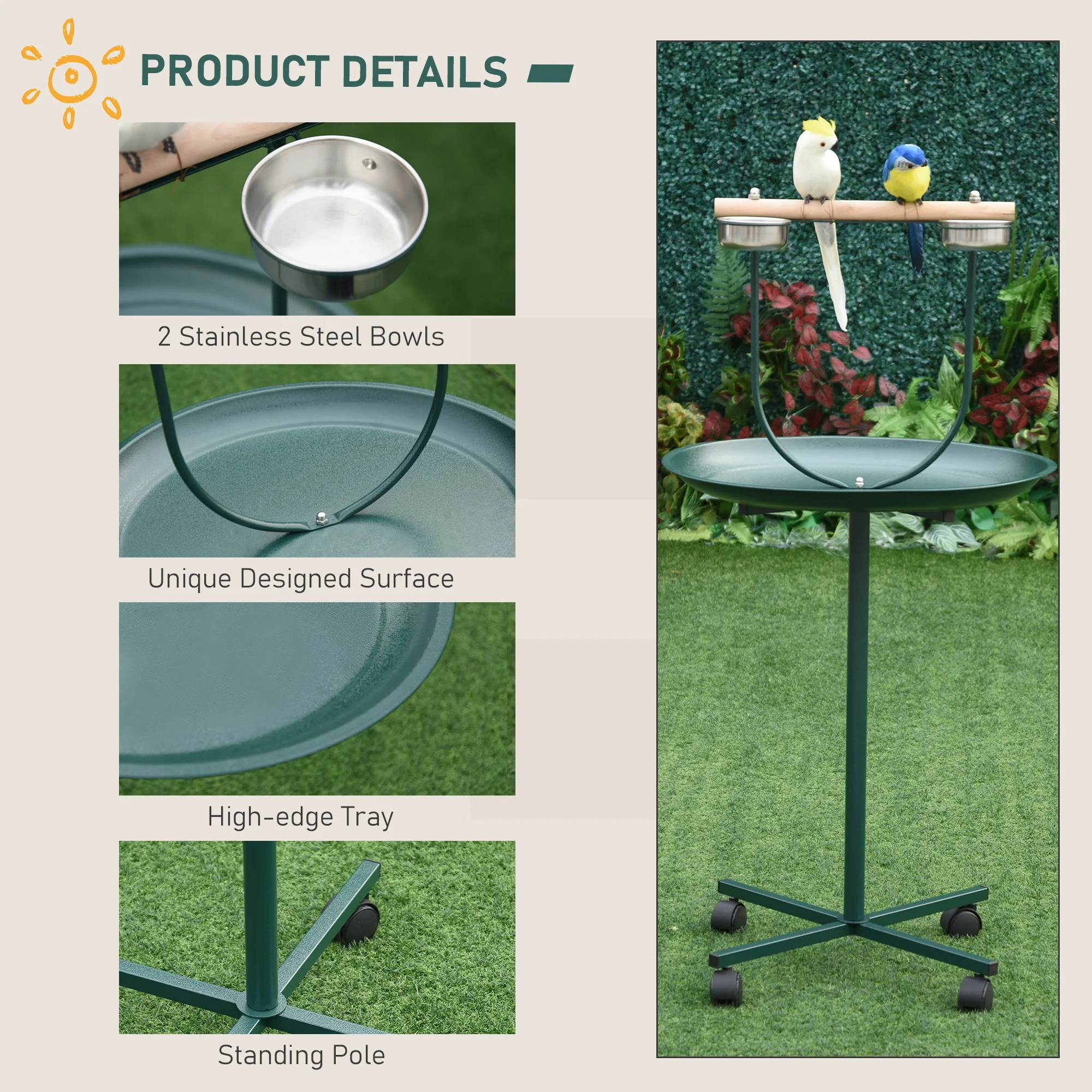 PawHut Bird Perch Stand, T-Stand Bird Training with Perch, Wheels, Bowls, Green - Image 4