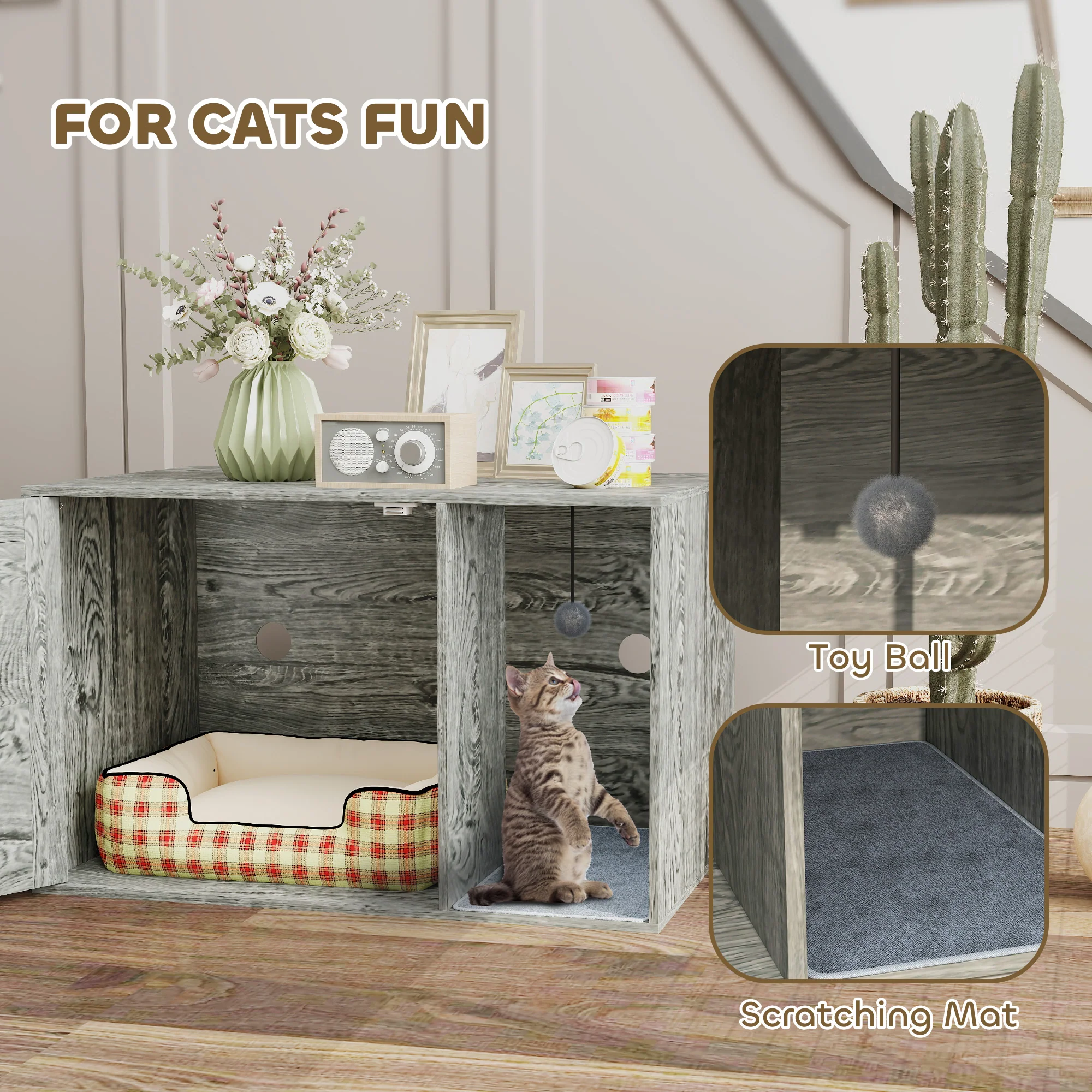 PawHut Boho Style Cat Litter Box Enclosure With Rattan Door, Scratching Mat - Image 7