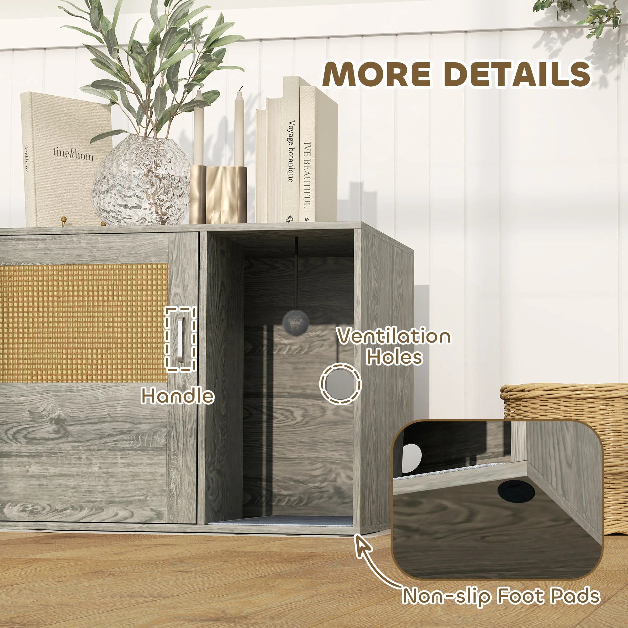 PawHut Boho Style Cat Litter Box Enclosure With Rattan Door, Scratching Mat - Image 8