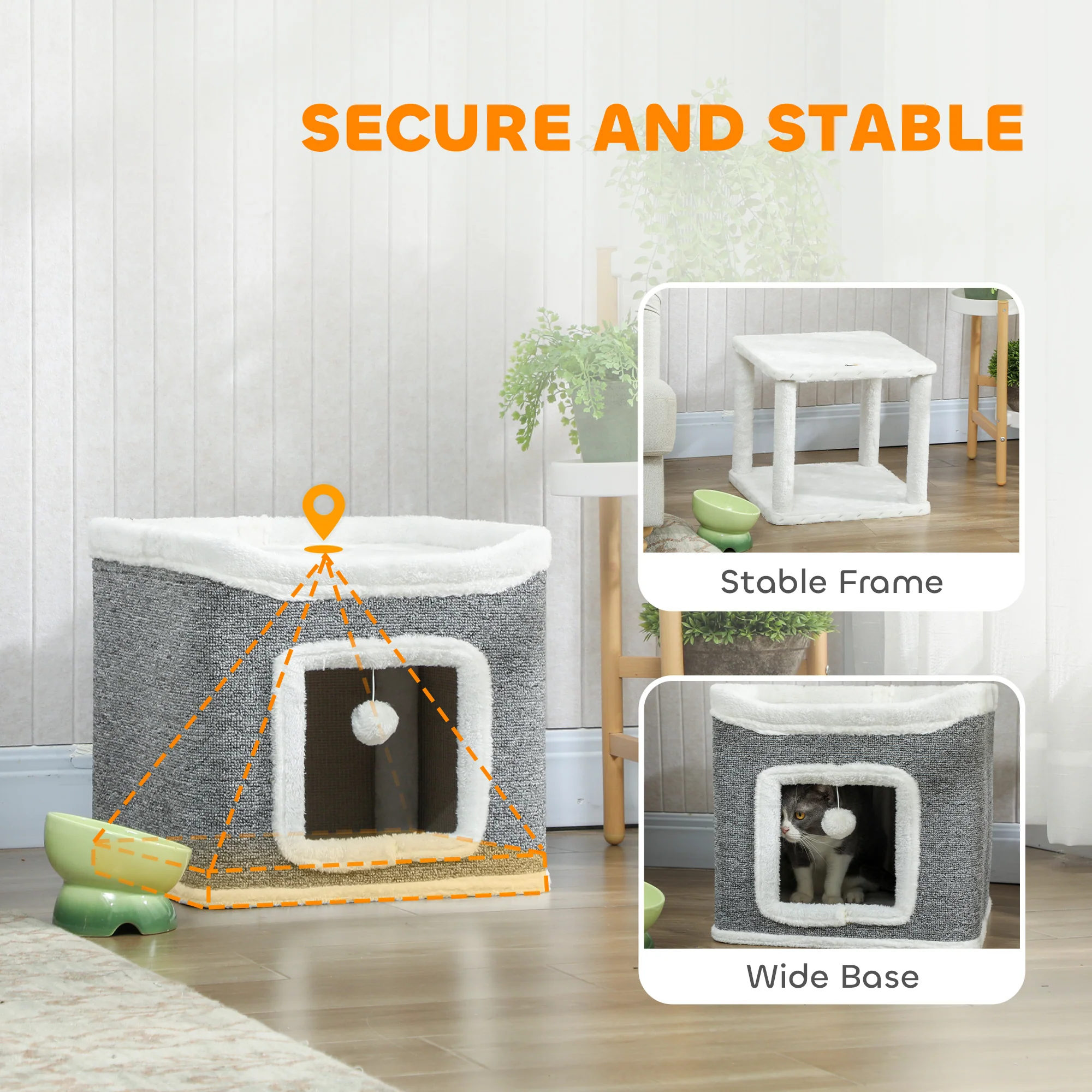 PawHut Cat House for Indoor Kittens, 2-Level Cat Cave Bed, Grey - Image 7