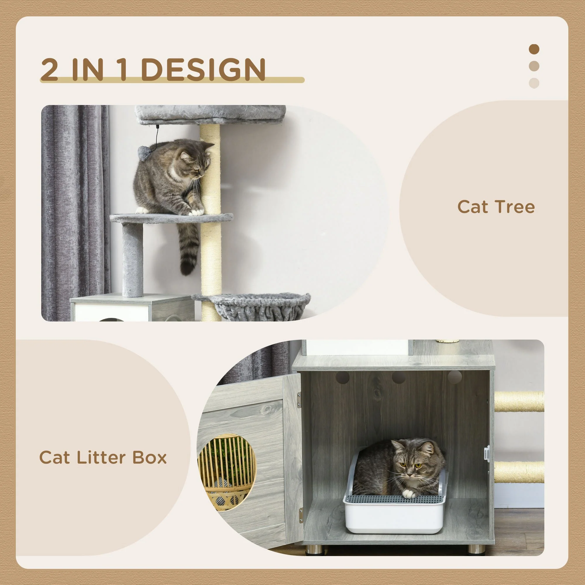 PawHut Cat Litter Box Enclosure, With Cat House, Bed, Scratching Posts, Platform - Image 3