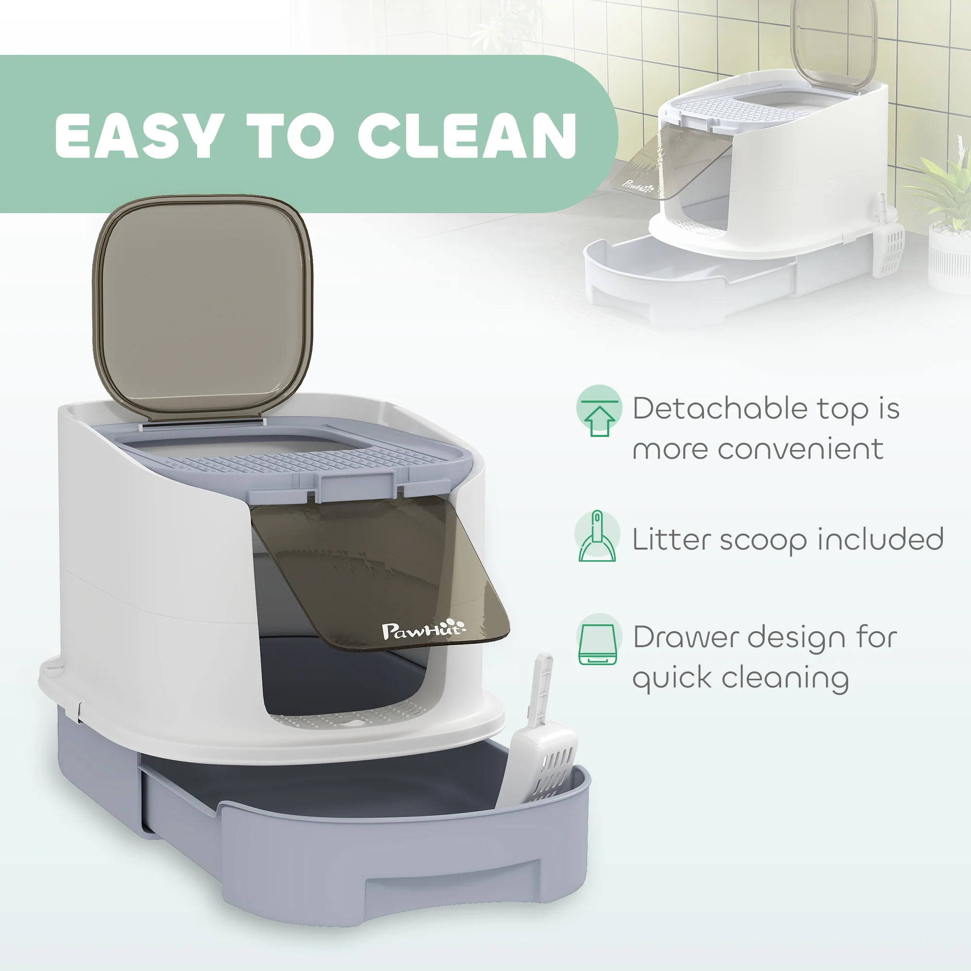 PawHut Cat Litter Box, Hooded Cat Litter Tray With Lid, Scoop, Grey - Image 4