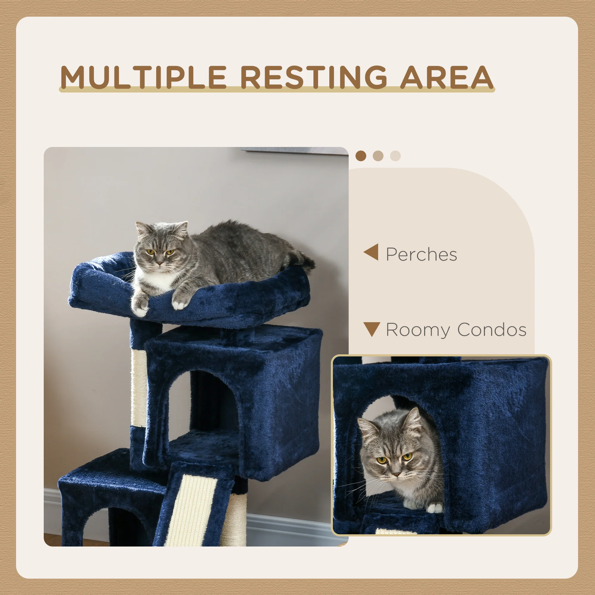 PawHut Cat Rest & Play Activity Tree W/ 2 House Perch Scratching Post Navy Blue - Image 6