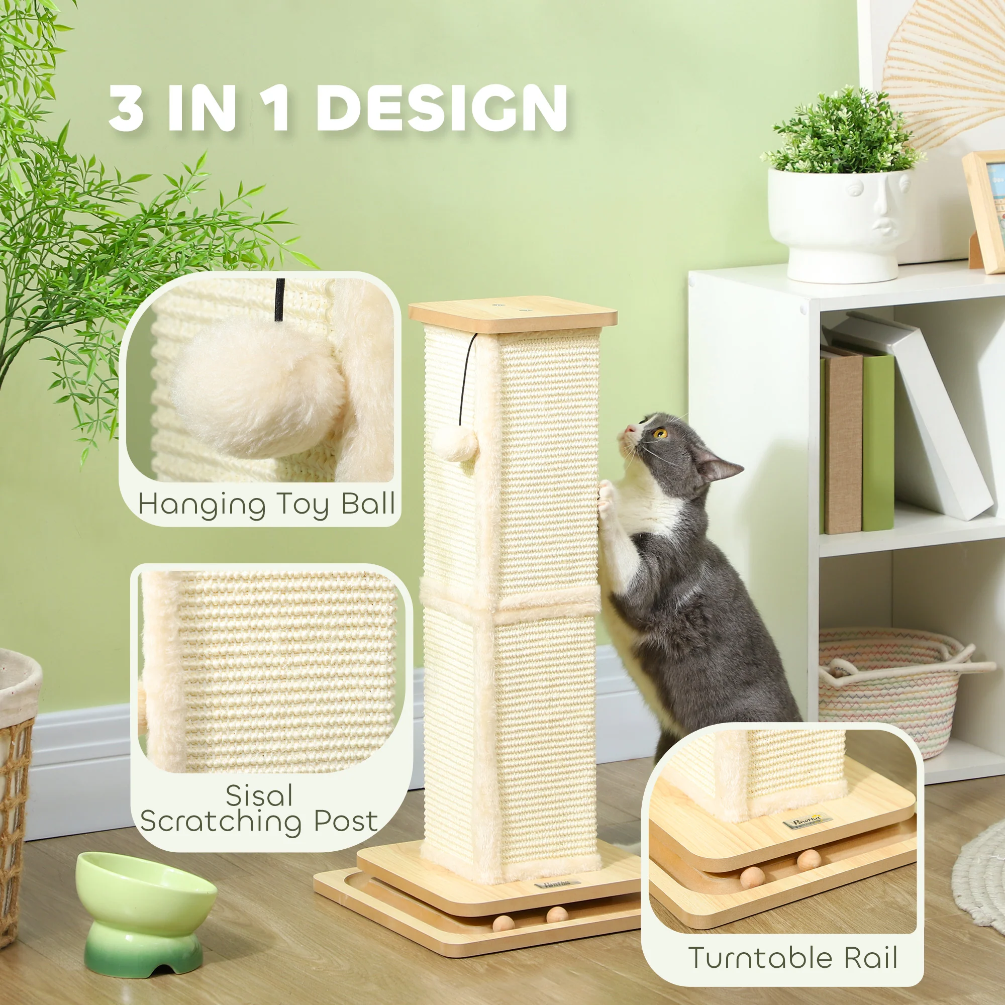 PawHut Cat Scratching Post 3 In 1 Cat Scratcher W/ Track Ball Toy - Image 3