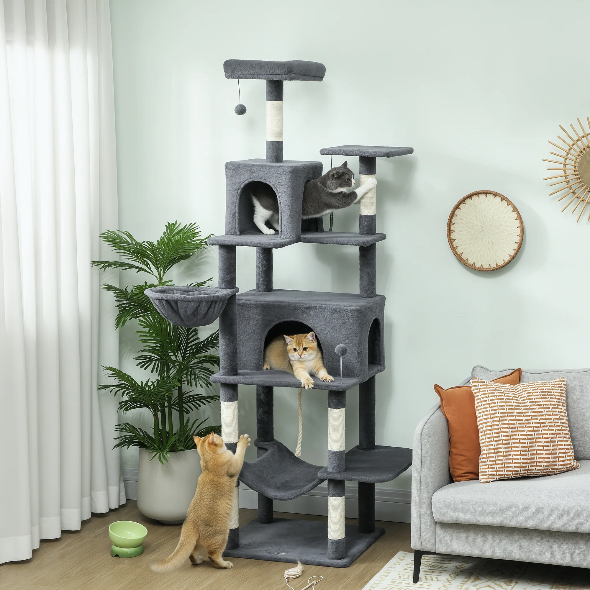 PawHut Cat Tree, 202cm Cat Tower With 2 Condos, 2 Hammocks, 2 Perches - Image 2