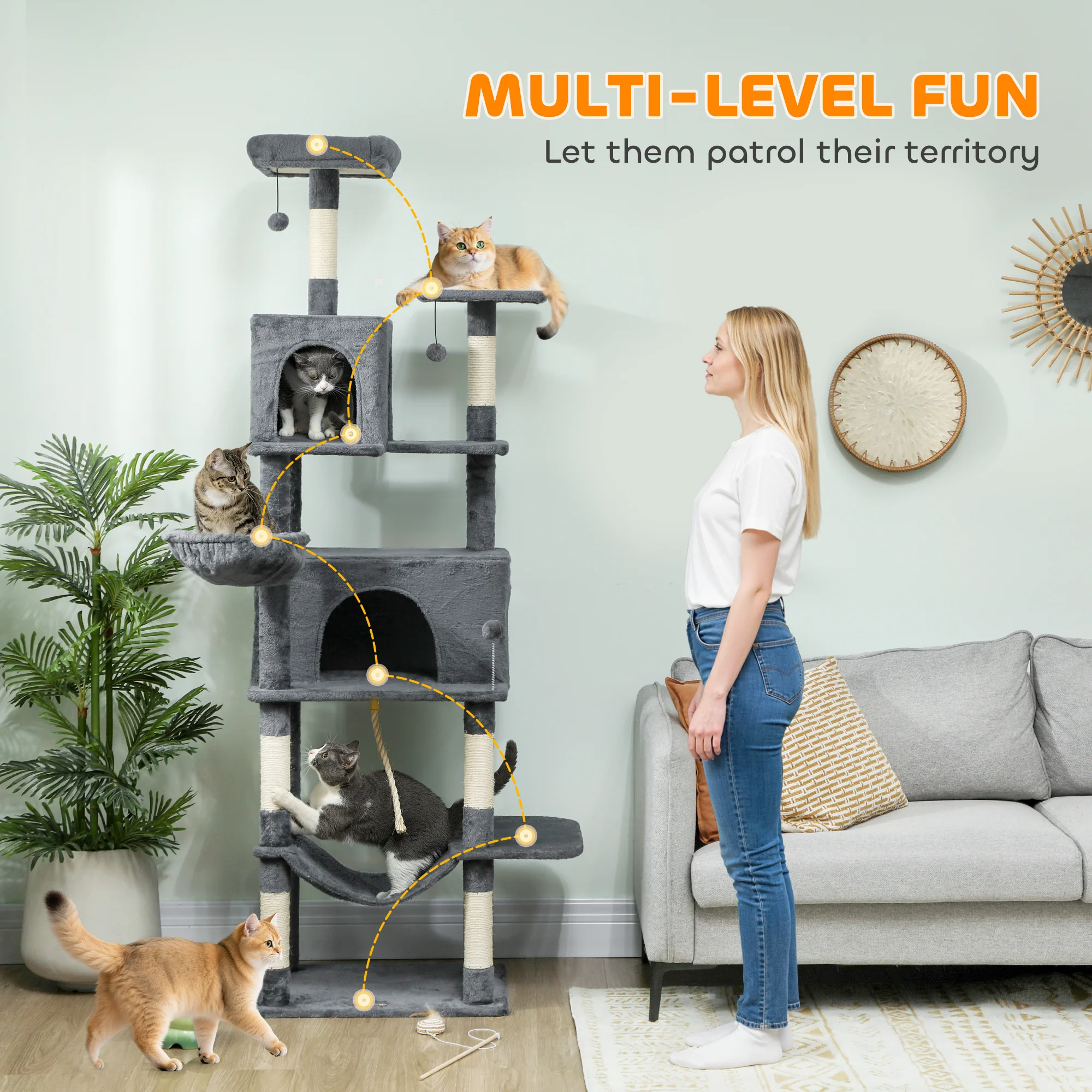 PawHut Cat Tree, 202cm Cat Tower With 2 Condos, 2 Hammocks, 2 Perches - Image 3