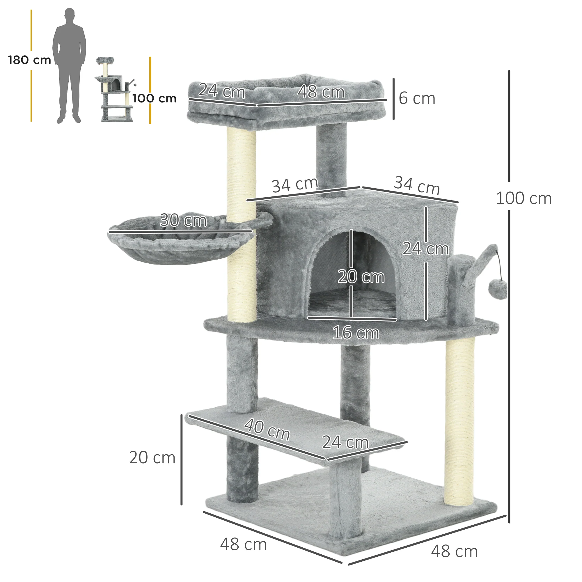 PawHut Cat Tree Tower Climbing Activity Centre with Sisal Scratching Post Grey - Image 5