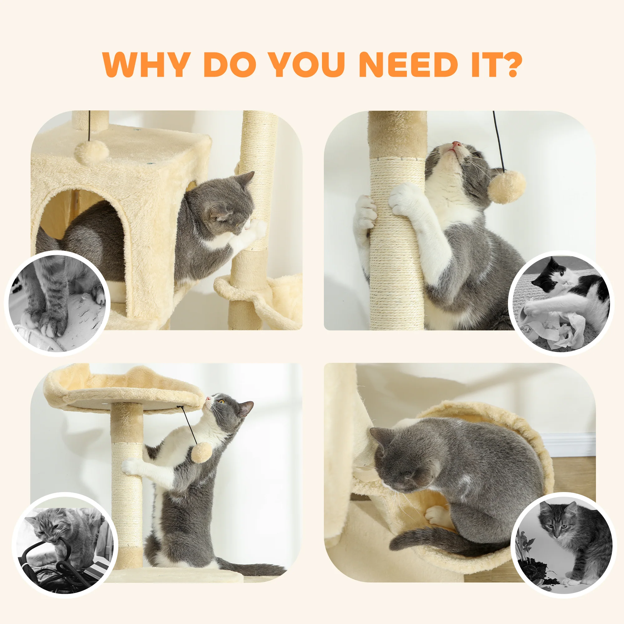 PawHut Cat Tree Tower With Sisal Scratching Posts, Condos, Beige - Image 8