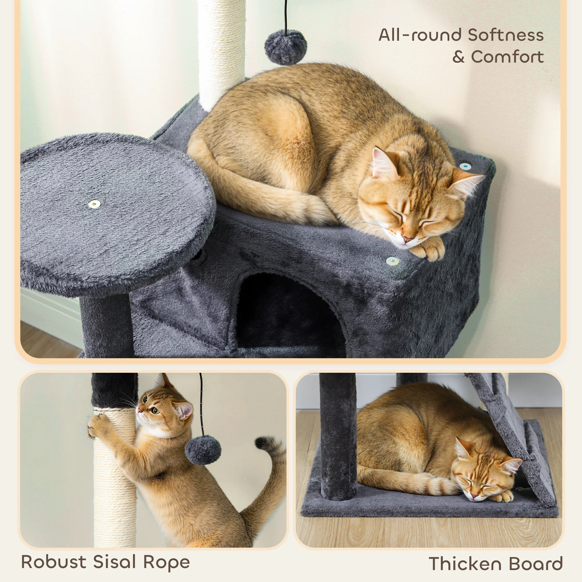 PawHut Cat Tree With Sisal Scratching Posts, Cat Houses, Dark Grey - Image 16