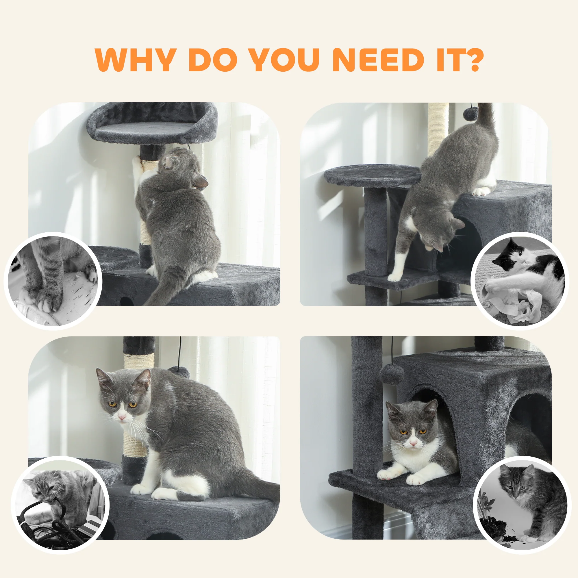 PawHut Cat Tree With Sisal Scratching Posts, Cat Houses, Dark Grey - Image 8