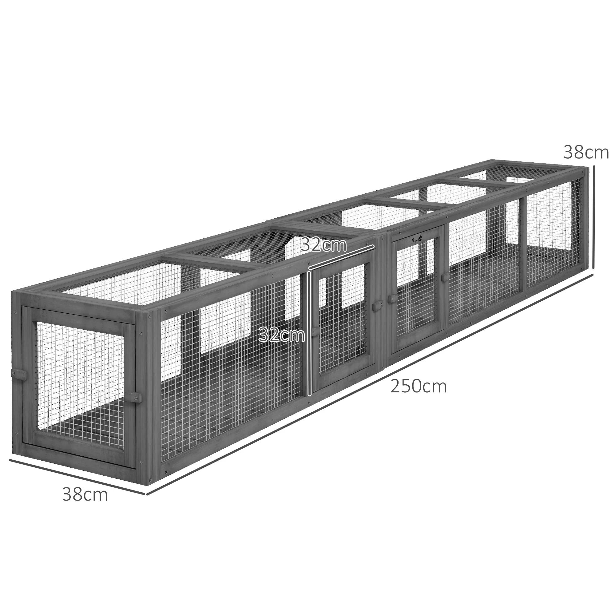 PawHut Cat Tunnel, 250cm Extra Long Wooden Cat Play Tunnel with 8 Doors Grey - Image 5