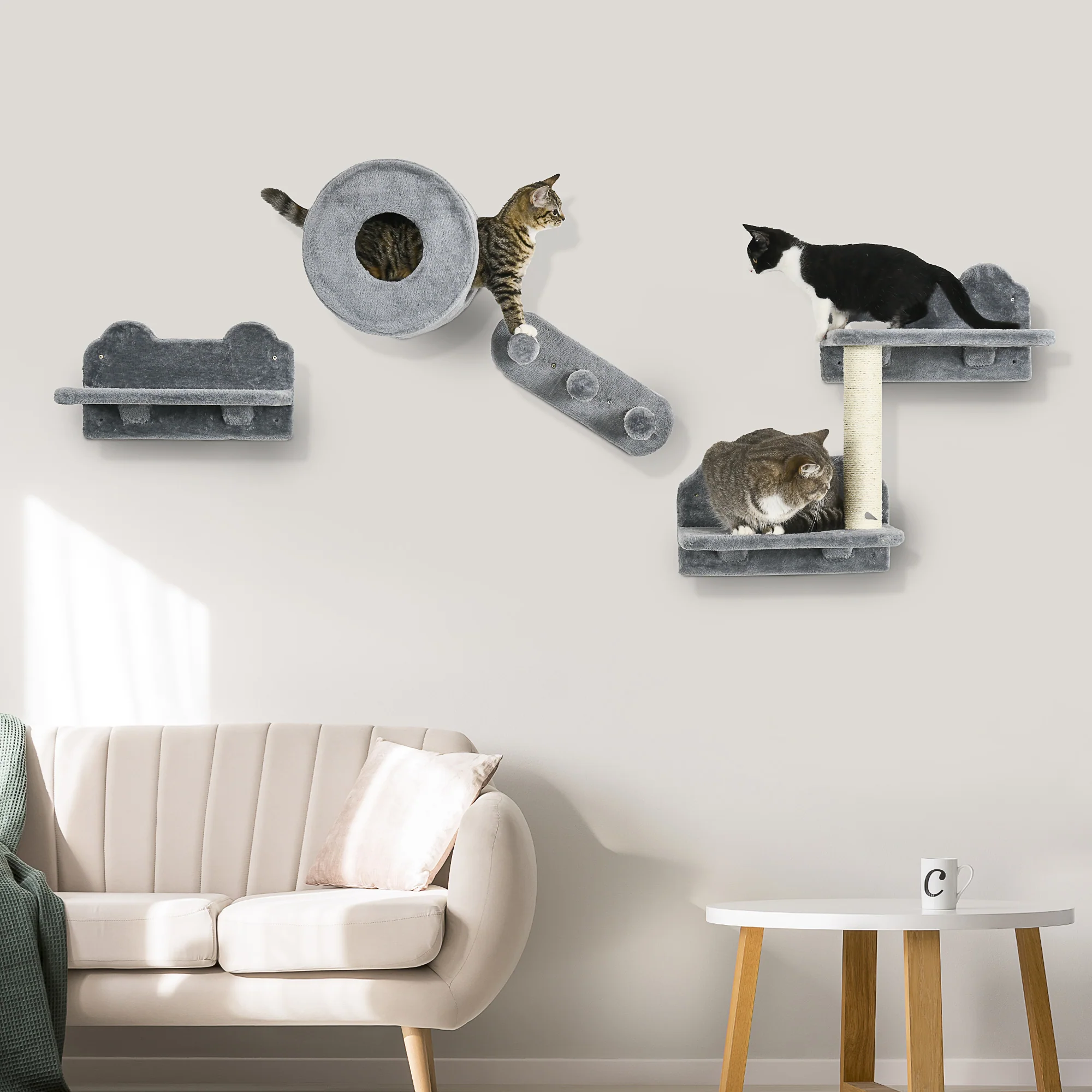 PawHut Cat Wall Furniture With Platforms, Steps, Perch, Cat House - Grey - Image 2