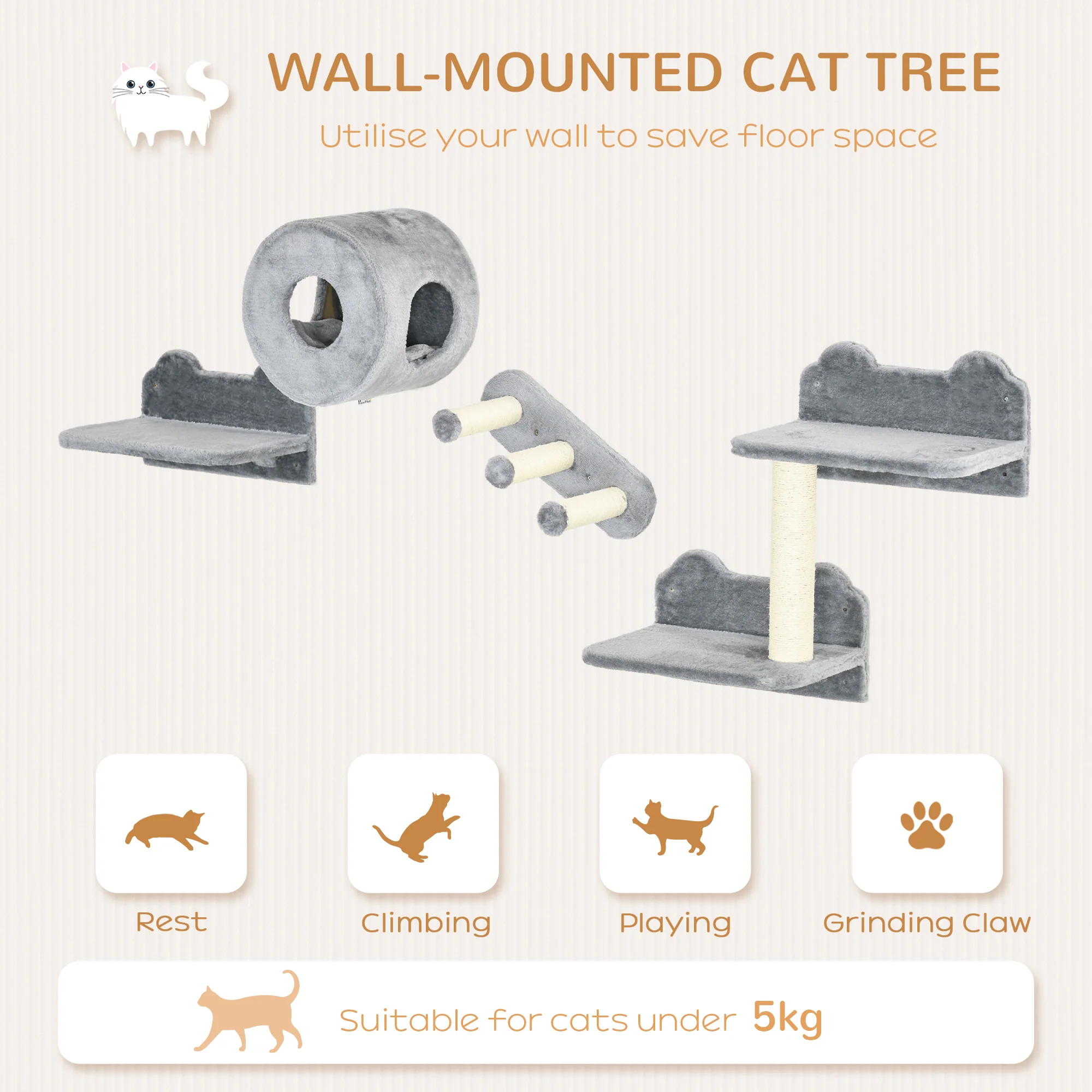 PawHut Cat Wall Furniture With Platforms, Steps, Perch, Cat House - Grey - Image 3