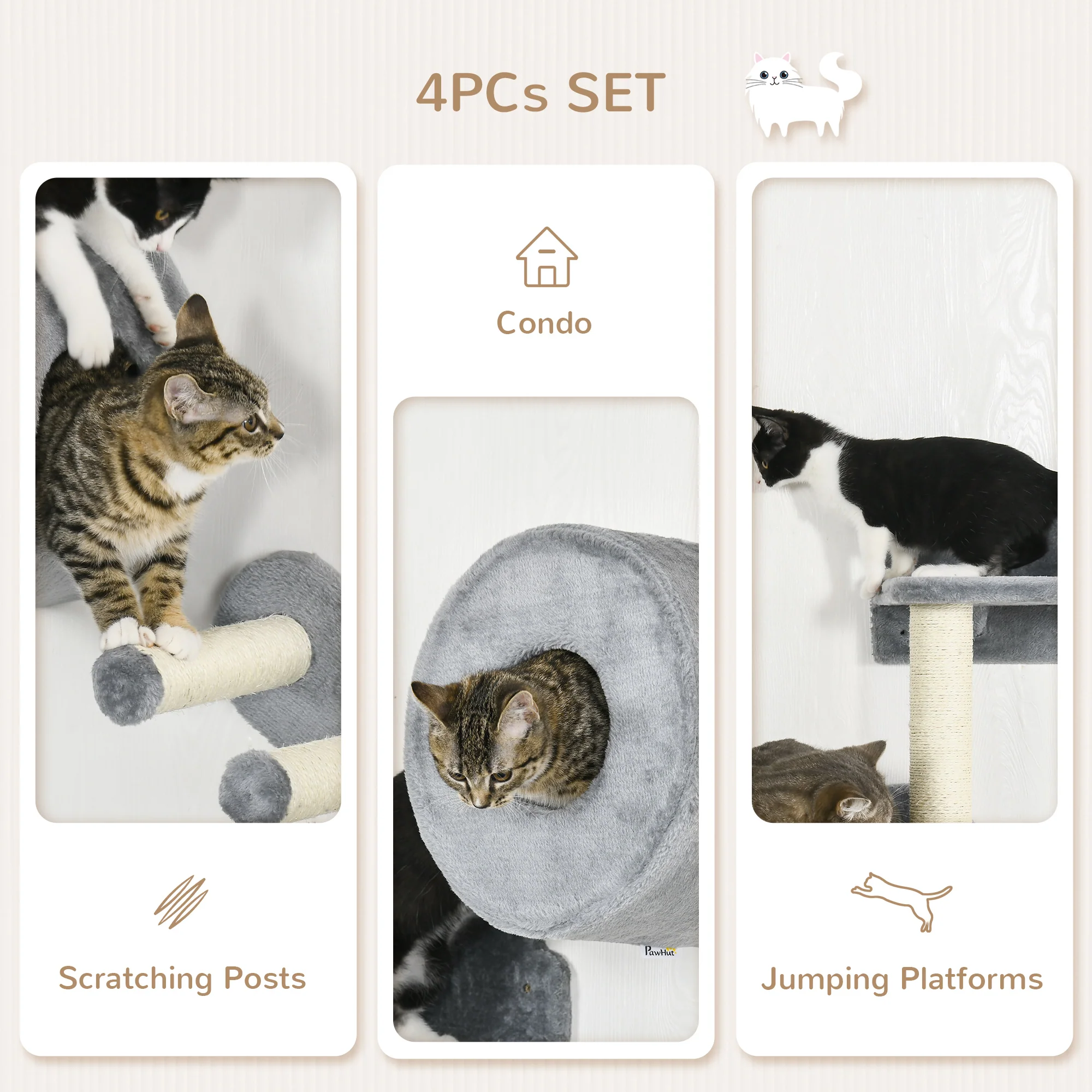 PawHut Cat Wall Furniture With Platforms, Steps, Perch, Cat House - Grey - Image 4