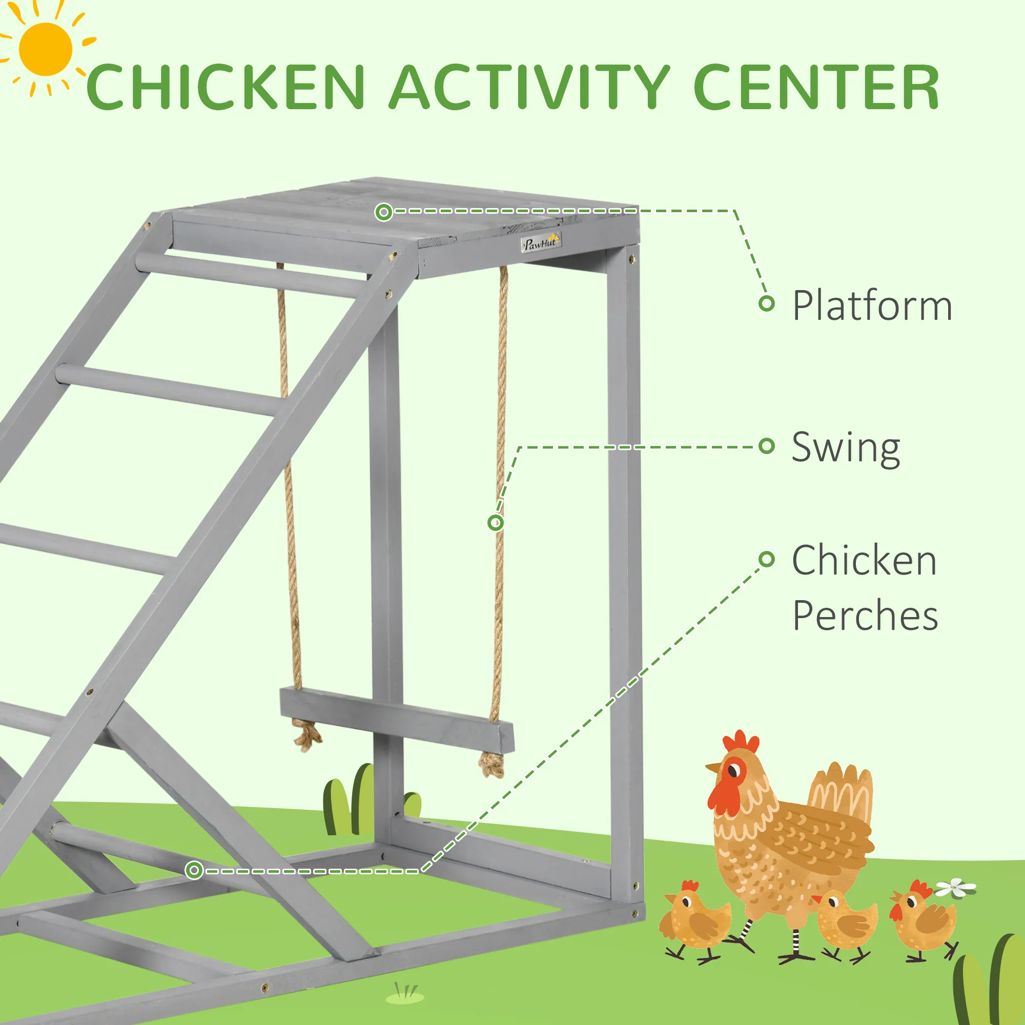 PawHut Chicken Coop Toy With Swing, Ladder, Platform For 2 Chickens, Hens, Grey - Image 3