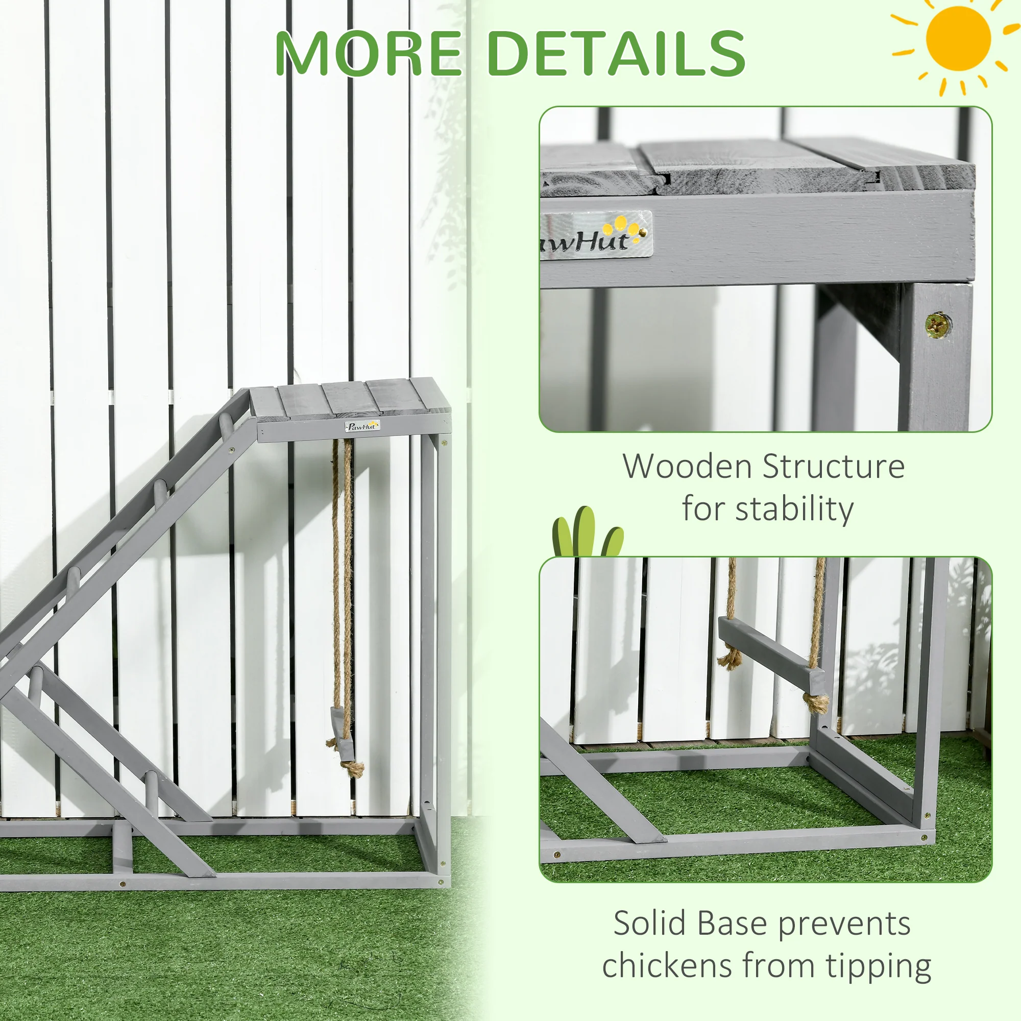 PawHut Chicken Coop Toy With Swing, Ladder, Platform For 2 Chickens, Hens, Grey - Image 6