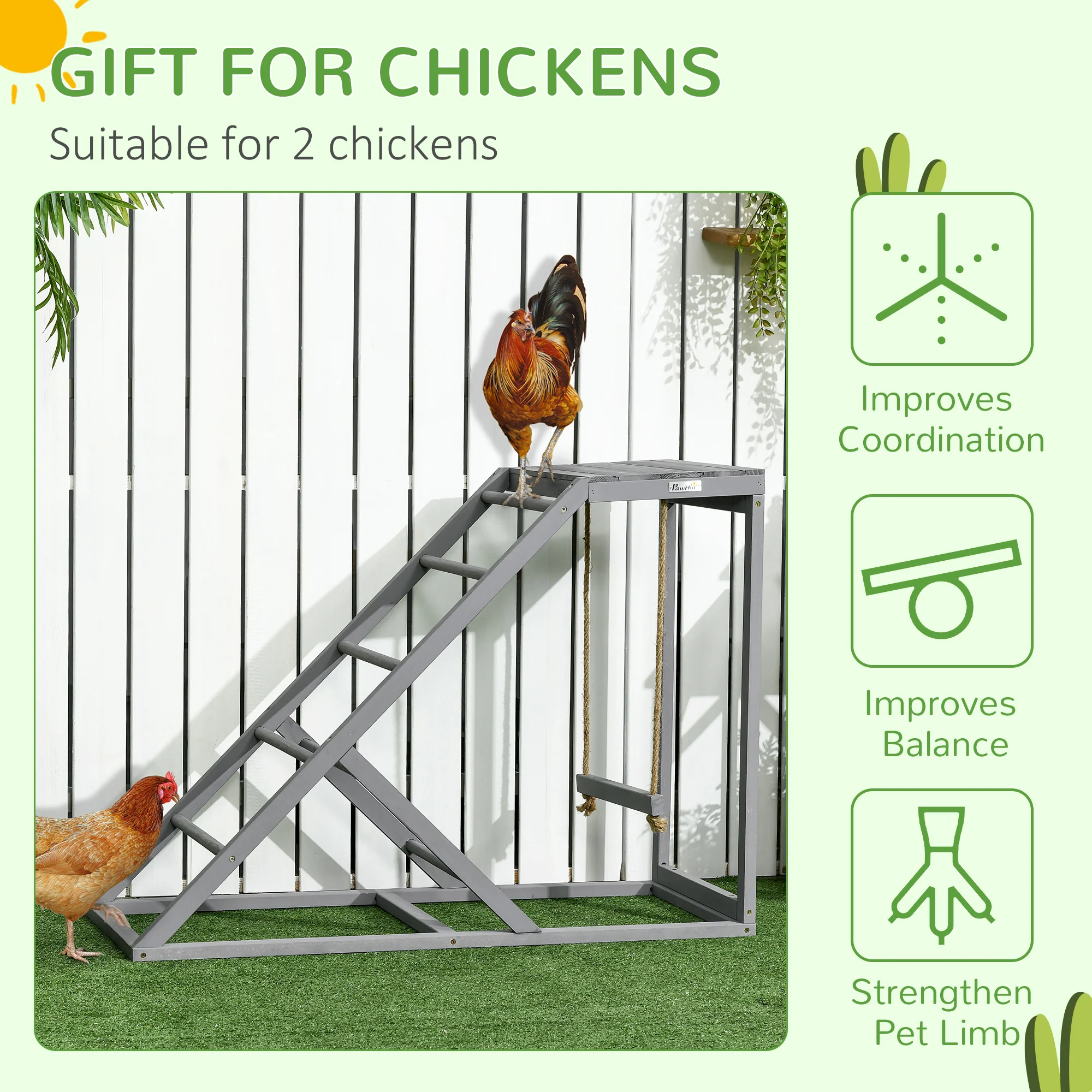PawHut Chicken Coop Toy With Swing, Ladder, Platform For 2 Chickens, Hens, Grey - Image 7