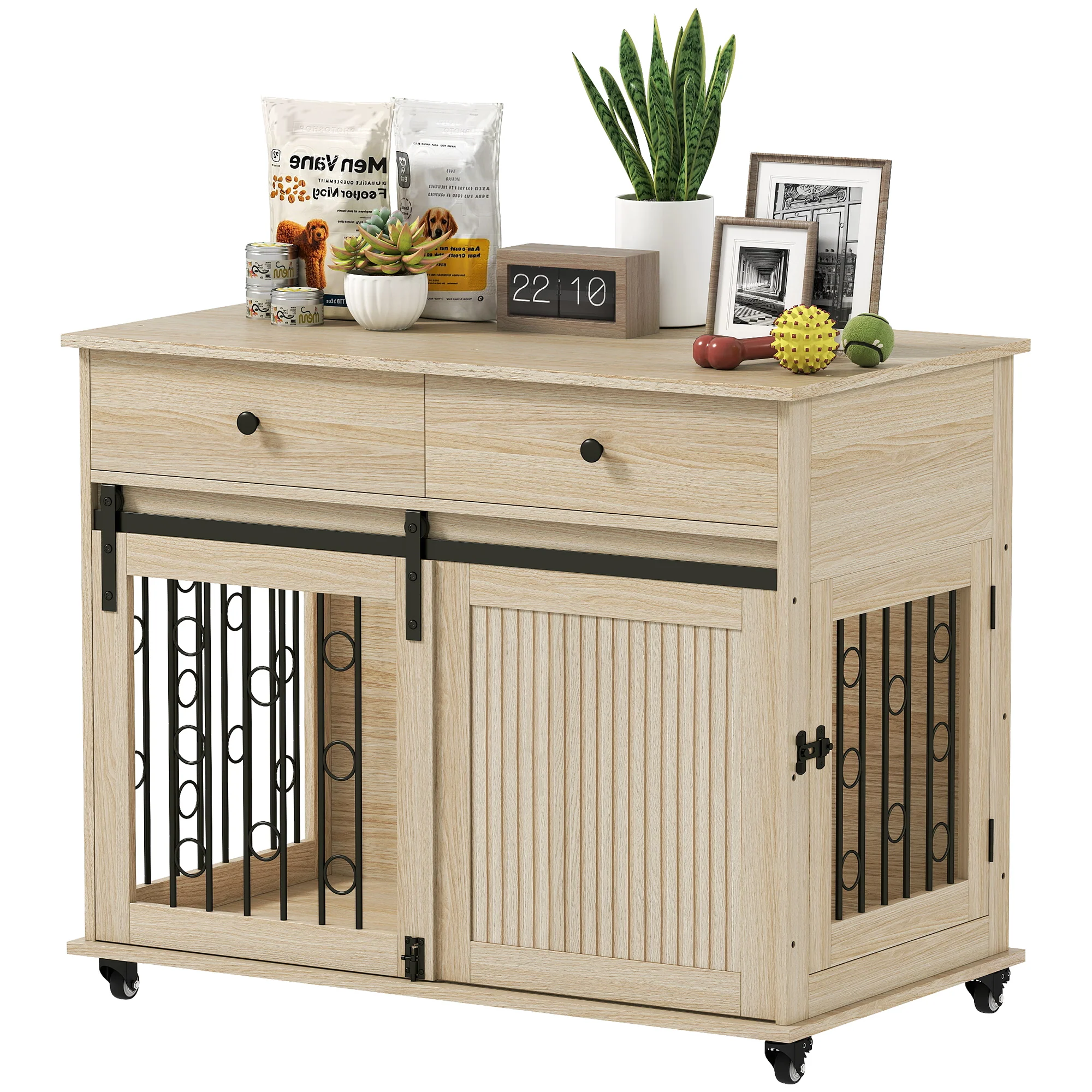 PawHut Dog Crate Furniture, Dog Cage W/ Wheels, 2 Drawers, Sliding Door, Oak