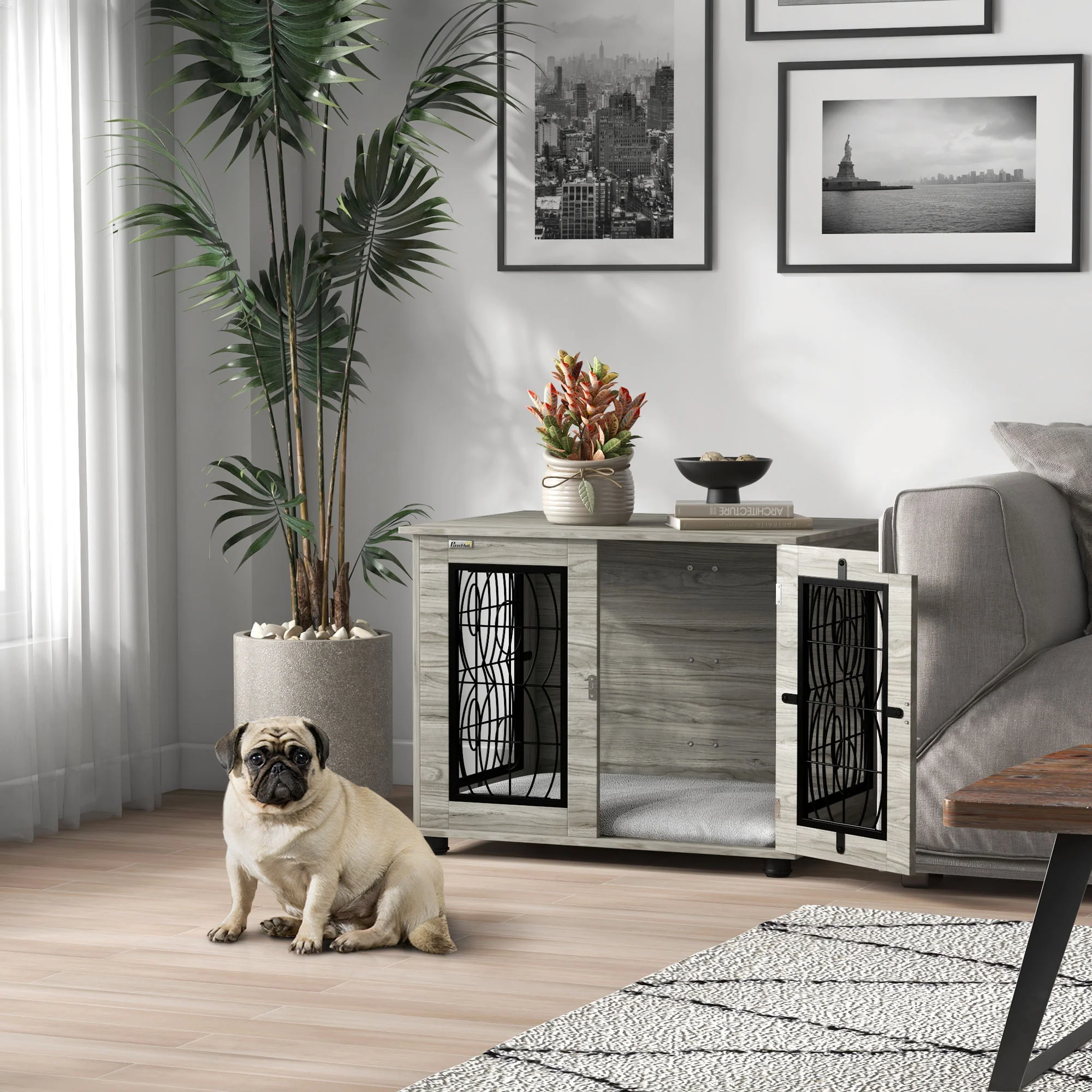 PawHut Dog Crate Furniture, End Table w/ Cushion - Image 2