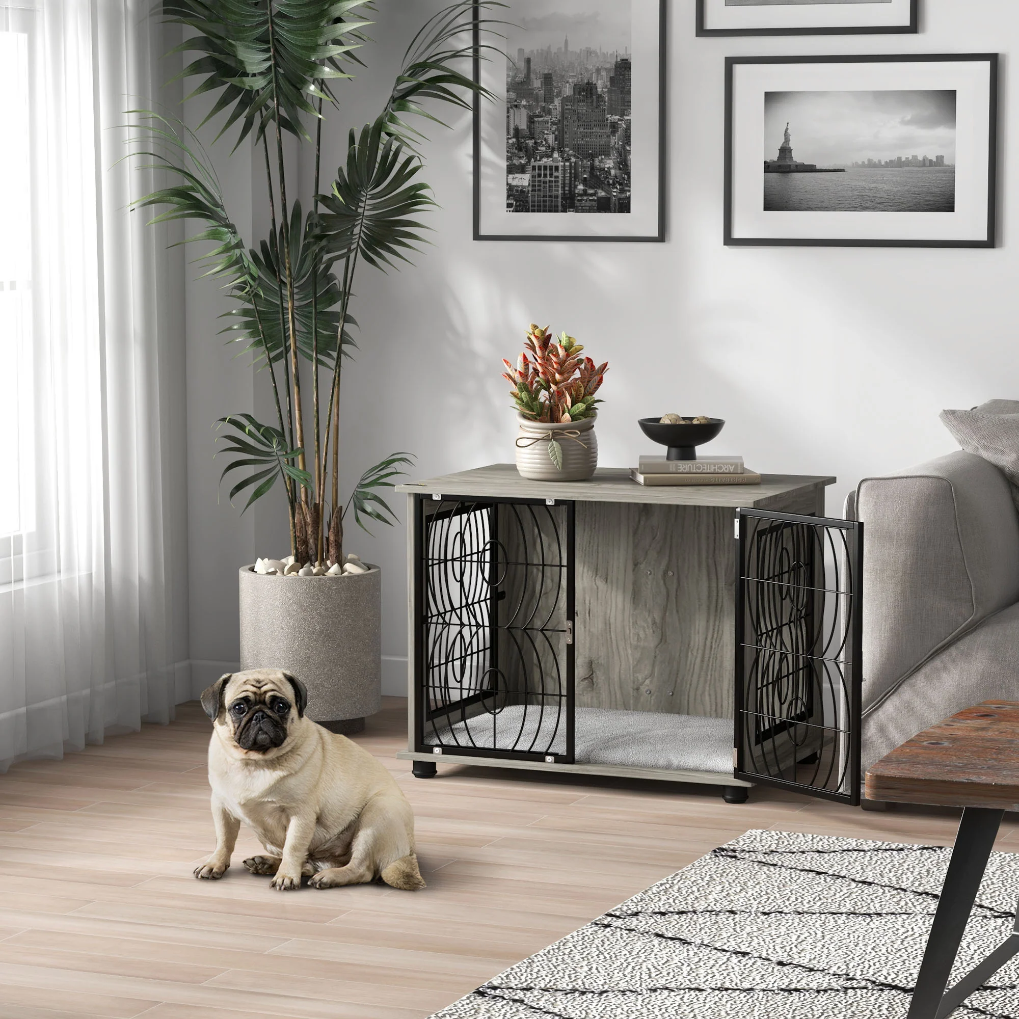 PawHut Dog Crate Furniture End Table w/ Cushion - Image 2
