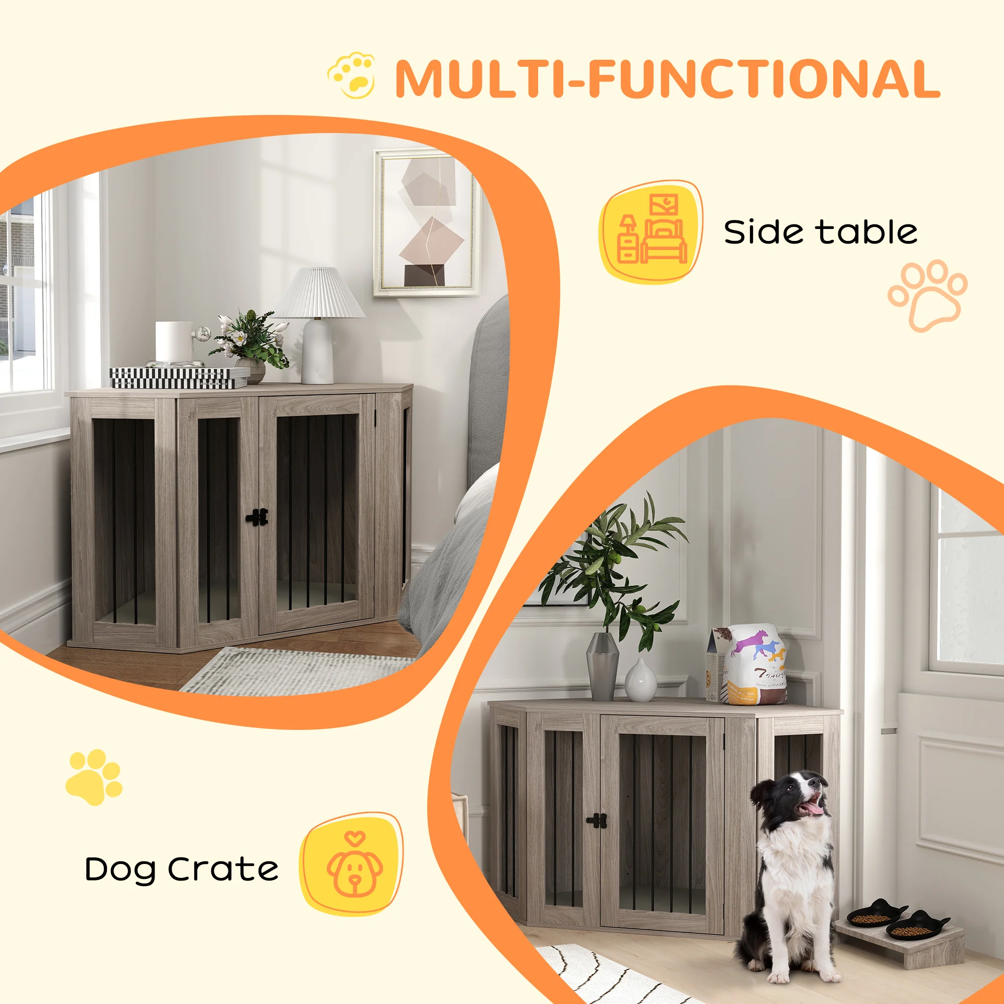 PawHut Dog Crate Furniture w/ Cushion, Door - Walnut Brown - Image 3