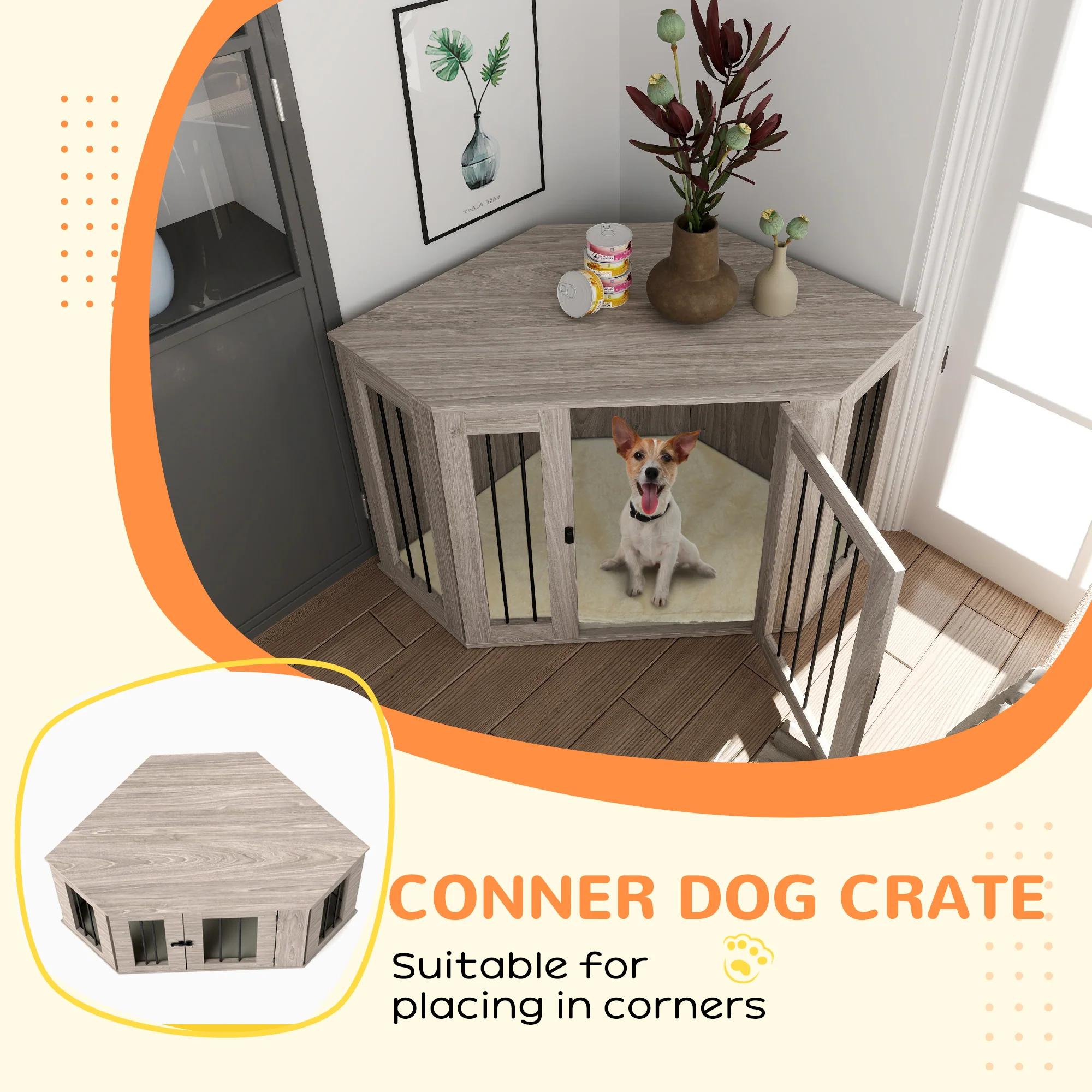 PawHut Dog Crate Furniture w/ Cushion, Door - Walnut Brown - Image 4