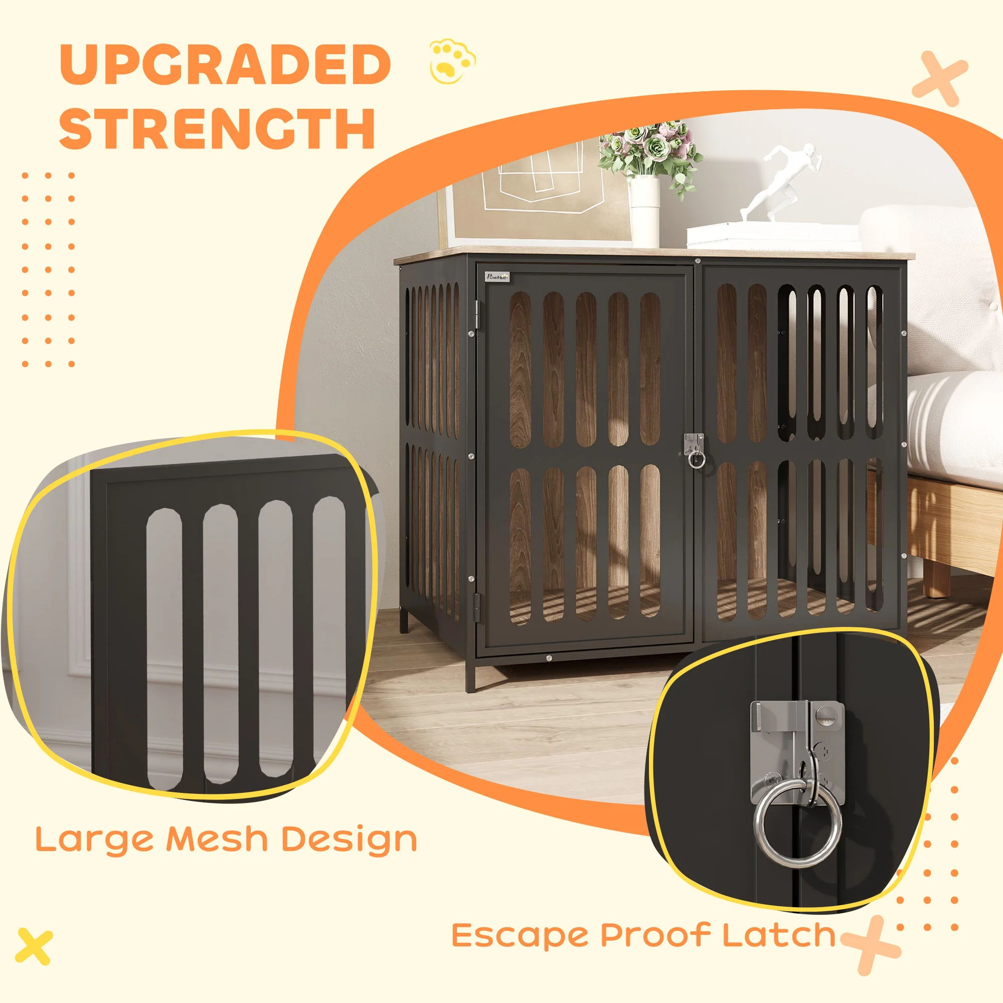PawHut Dog Crate Furniture With Anti-Chew Resistant Mesh For Dogs - Walnut Brown - Image 4